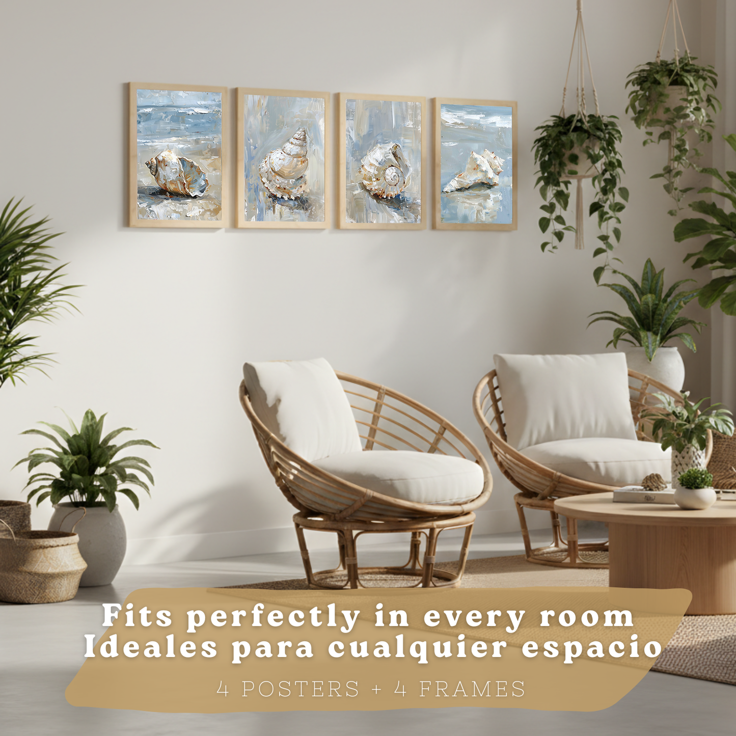 Nacnic Juego De 3 Cuadros De Playa, Mar, Costa Azul. Decoracion De Pared De Arte. Conchas Marinas. Laminas Decorativas Pared Baño, Cocina,Salón Y Dormitorio