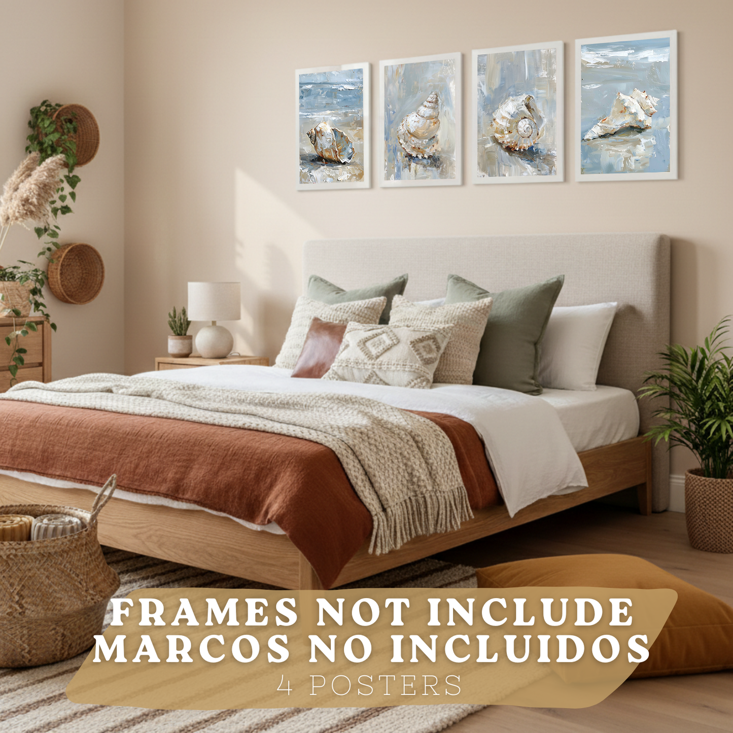 Nacnic Juego De 3 Cuadros De Playa, Mar, Costa Azul. Decoracion De Pared De Arte. Conchas Marinas. Laminas Decorativas Pared Baño, Cocina,Salón Y Dormitorio