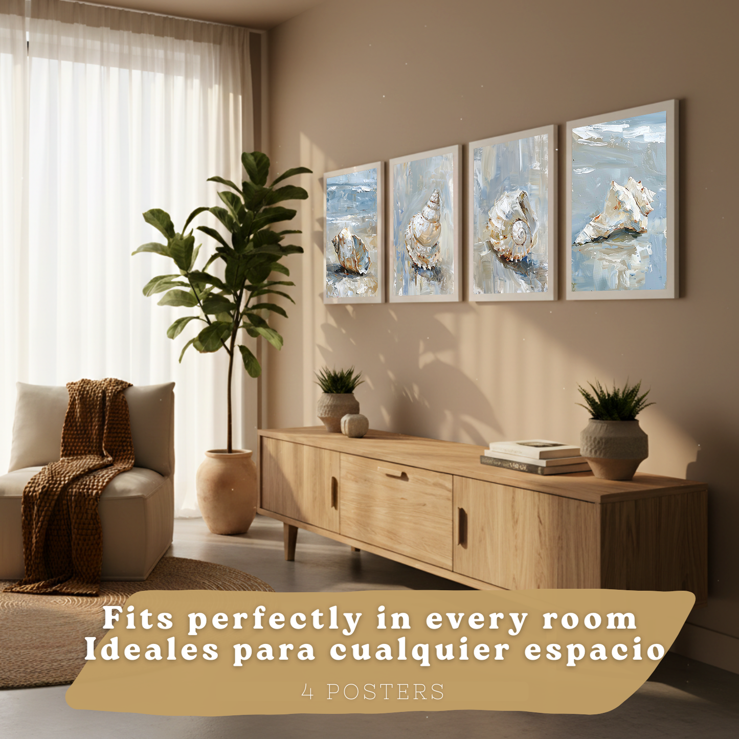 Nacnic Juego De 3 Cuadros De Playa, Mar, Costa Azul. Decoracion De Pared De Arte. Conchas Marinas. Laminas Decorativas Pared Baño, Cocina,Salón Y Dormitorio