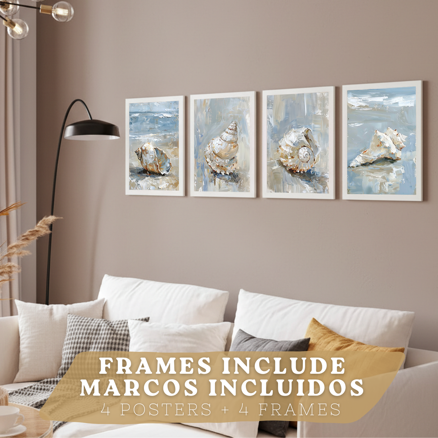 Nacnic Juego De 3 Cuadros De Playa, Mar, Costa Azul. Decoracion De Pared De Arte. Conchas Marinas. Laminas Decorativas Pared Baño, Cocina,Salón Y Dormitorio