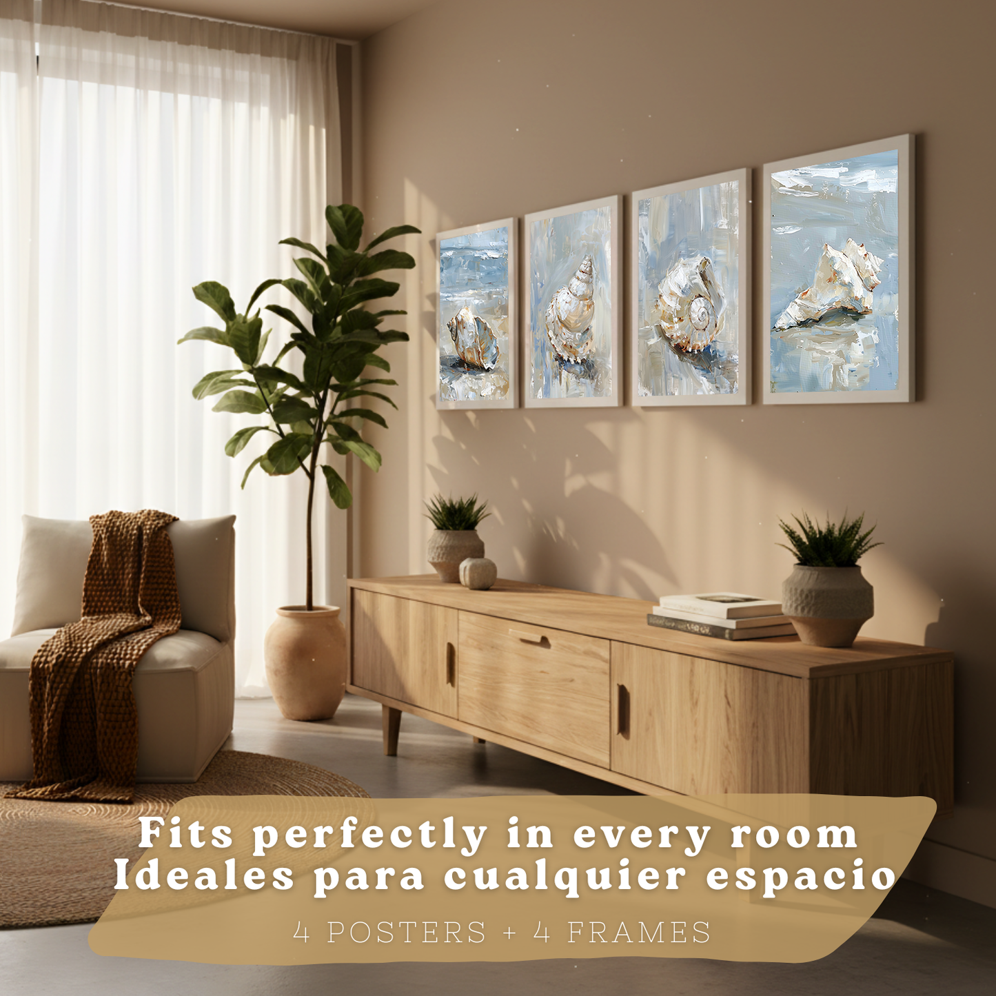 Nacnic Juego De 3 Cuadros De Playa, Mar, Costa Azul. Decoracion De Pared De Arte. Conchas Marinas. Laminas Decorativas Pared Baño, Cocina,Salón Y Dormitorio