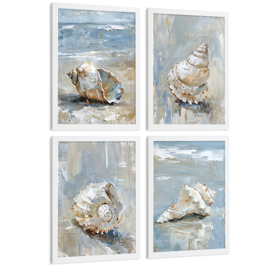 Nacnic Juego De 3 Cuadros De Playa, Mar, Costa Azul. Decoracion De Pared De Arte. Conchas Marinas. Laminas Decorativas Pared Baño, Cocina,Salón Y Dormitorio