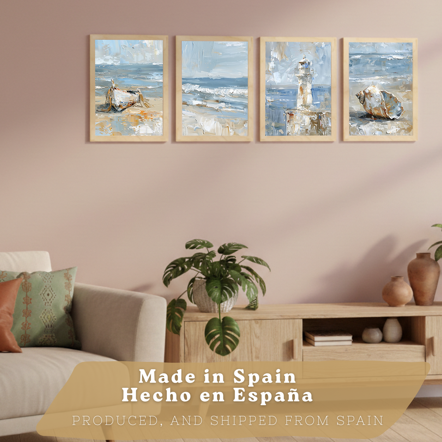 Nacnic Juego De 3 Cuadros De Playa, Mar, Costa Azul, Faro, Barca. Decoracion De Pared De Arte. Dia De Mar. Laminas Decorativas Pared Baño, Cocina,Salón Y Dormitorio