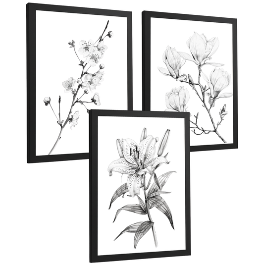 Nacnic Juego De 3 Cuadros De Flores Dibujo. Laminas Decorativas Pared Flores A Lapiz. Poster De Pared Botanico Minimalista. Cuadros Flores Noridco Para Salón Y Dormitorio