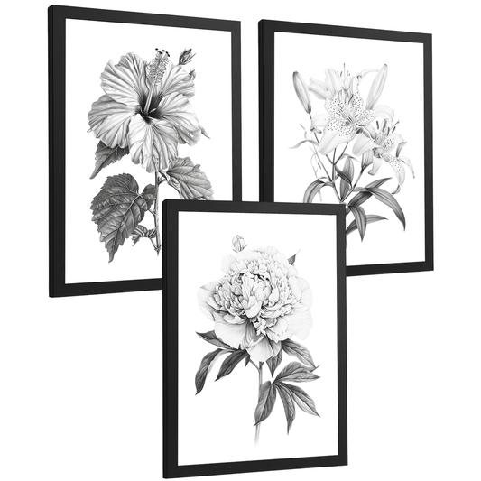 Nacnic Juego De 3 Cuadros De Flores Dibujo Laminas Decorativas Pared Flores A Lapiz Poster De Pared Botanico Minimalista Flores Blanco Y Negro Para Salón Y Dormitorio