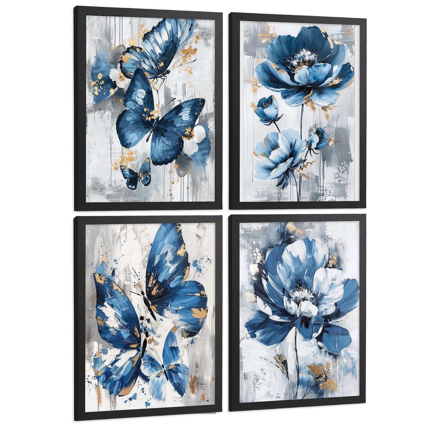 Set de 4 laminas decorativas Flores azules y mariposas  Cuadros Salon modernos - Posters decorativos Azul Decoración Dormitorios.