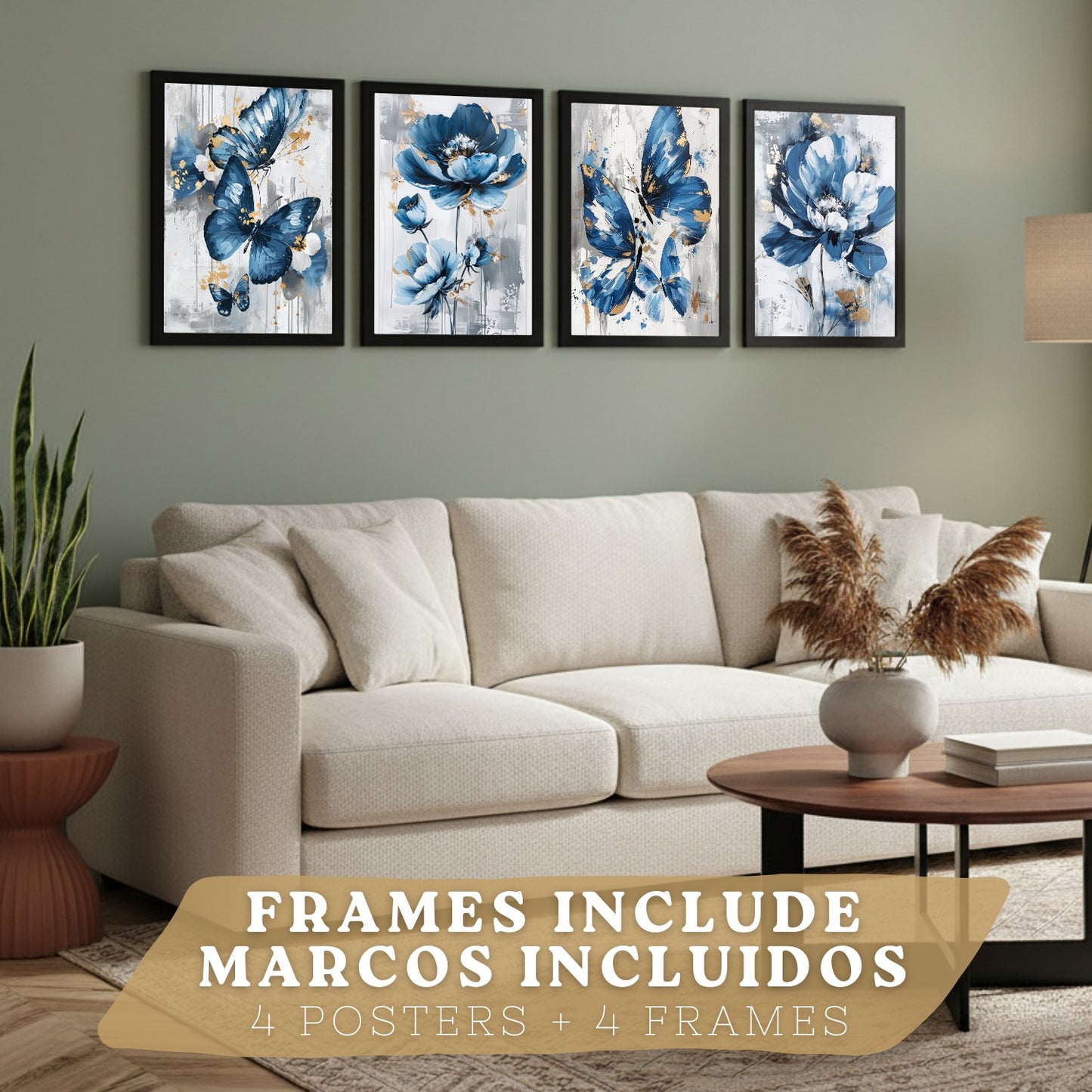 Set de 4 laminas decorativas Flores azules y mariposas  Cuadros Salon modernos - Posters decorativos Azul Decoración Dormitorios.