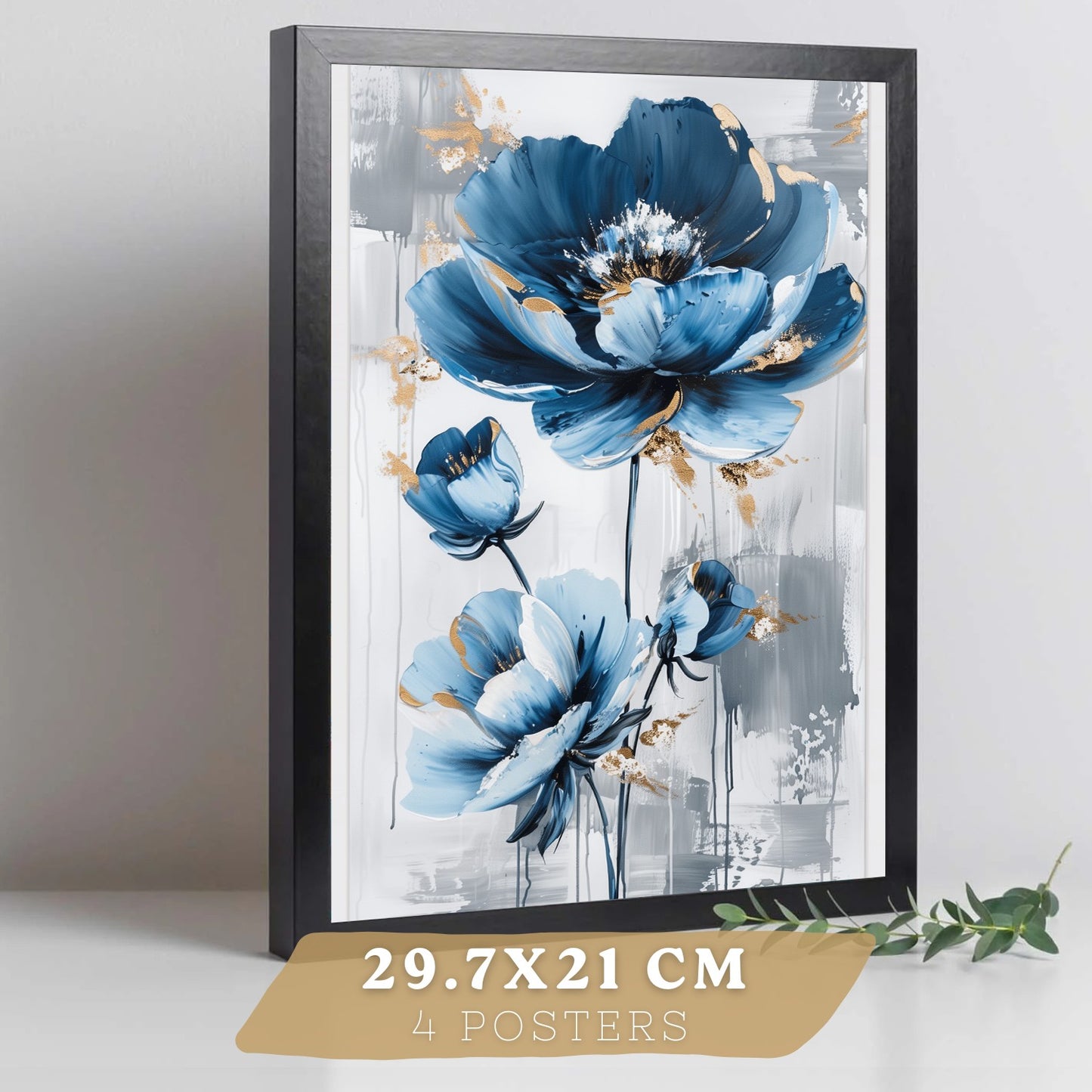 Set de 4 laminas decorativas Flores azules y mariposas  Cuadros Salon modernos - Posters decorativos Azul Decoración Dormitorios.