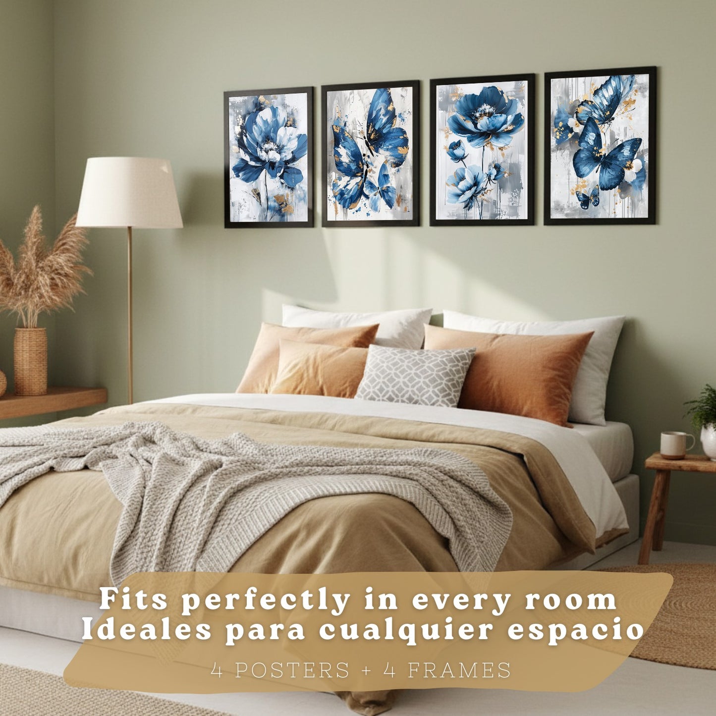 Set de 4 laminas decorativas Flores azules y mariposas  Cuadros Salon modernos - Posters decorativos Azul Decoración Dormitorios.
