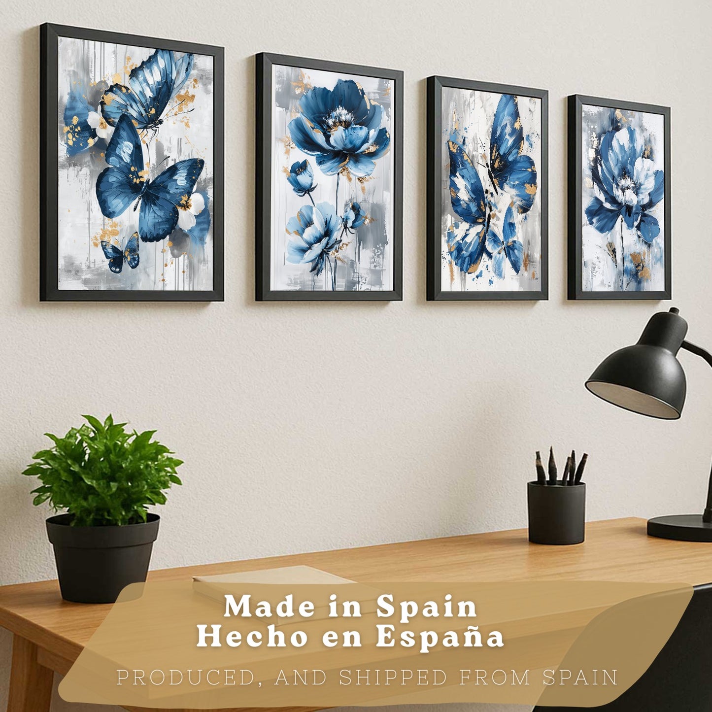 Set de 4 laminas decorativas Flores azules y mariposas  Cuadros Salon modernos - Posters decorativos Azul Decoración Dormitorios.