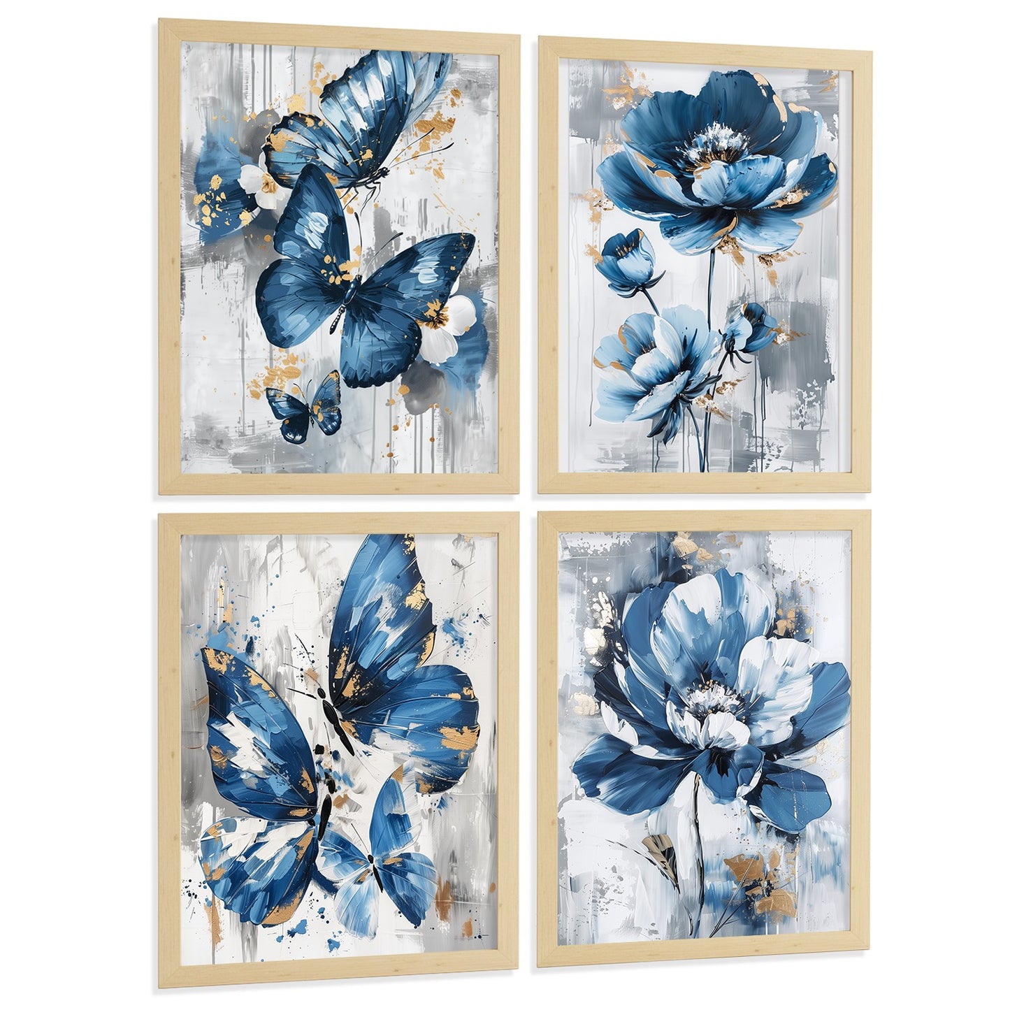 Set de 4 laminas decorativas Flores azules y mariposas  Cuadros Salon modernos - Posters decorativos Azul Decoración Dormitorios.