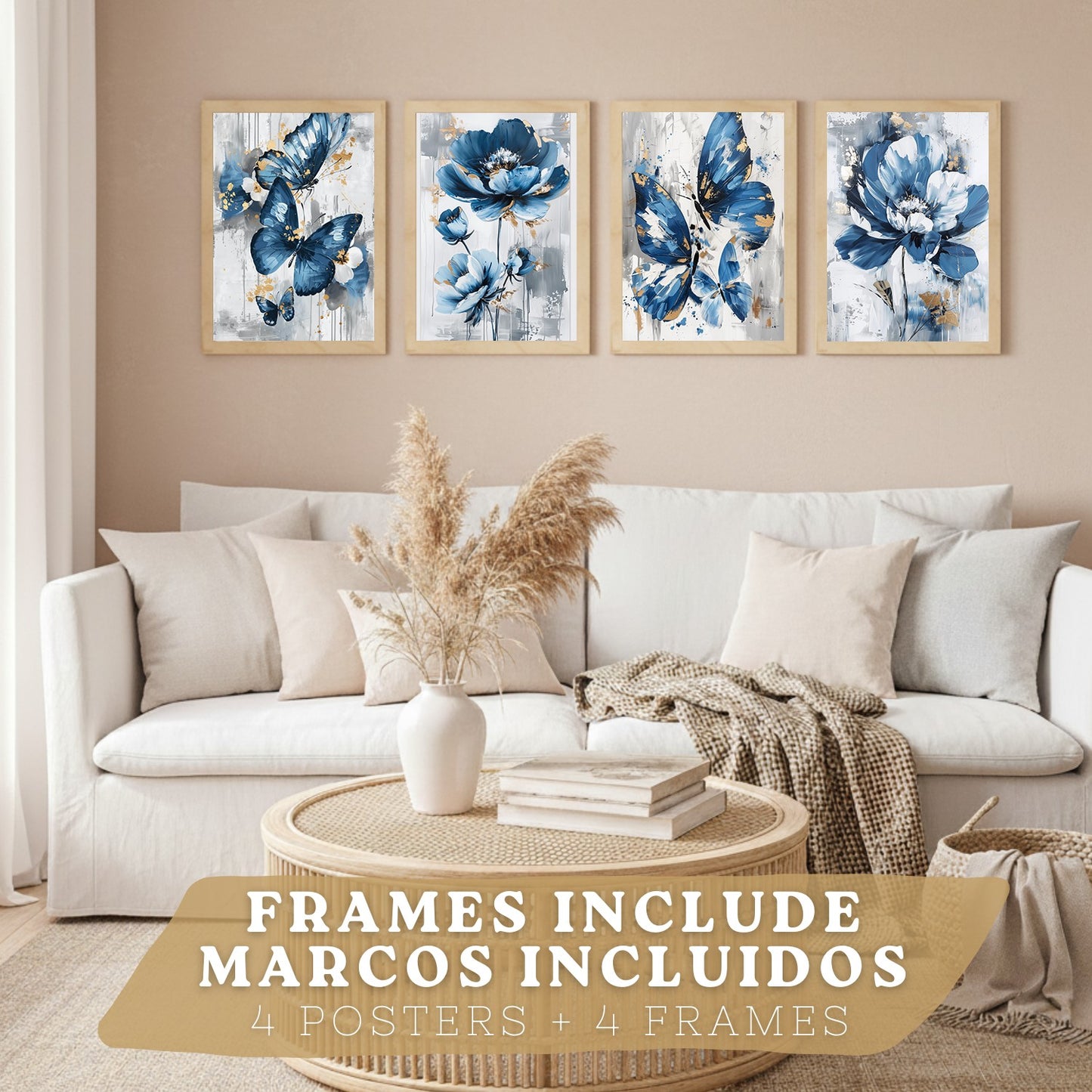 Set de 4 laminas decorativas Flores azules y mariposas  Cuadros Salon modernos - Posters decorativos Azul Decoración Dormitorios.