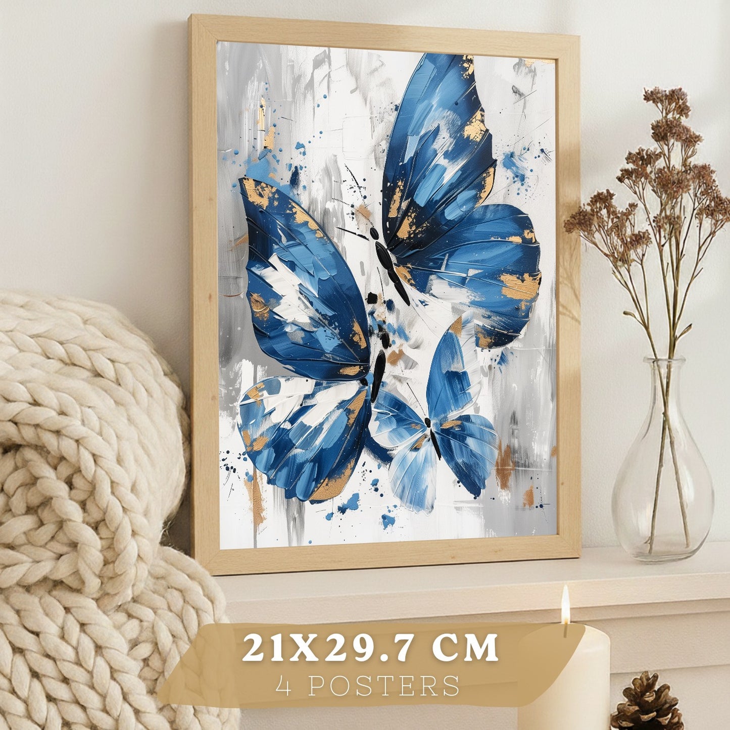 Set de 4 laminas decorativas Flores azules y mariposas  Cuadros Salon modernos - Posters decorativos Azul Decoración Dormitorios.