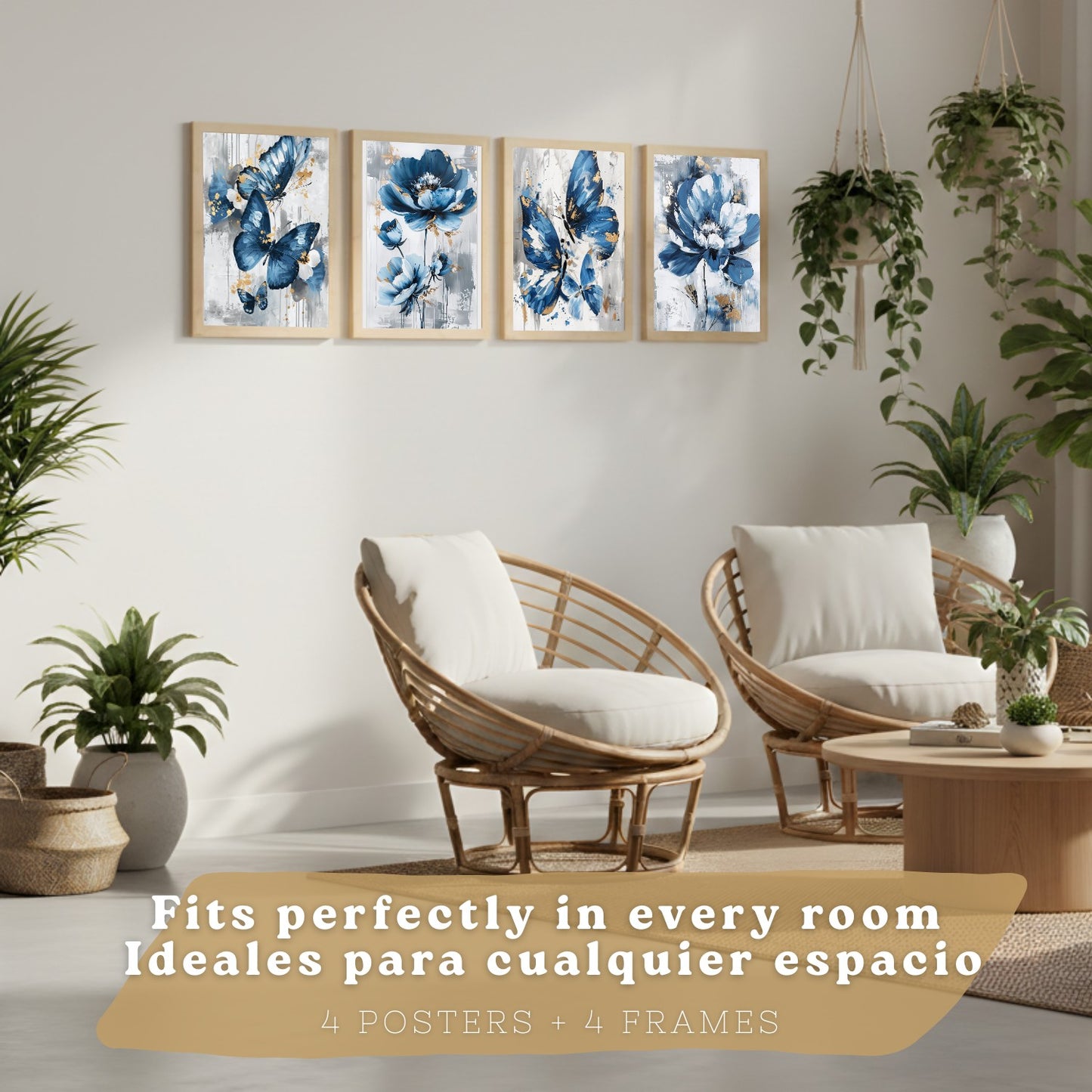 Set de 4 laminas decorativas Flores azules y mariposas  Cuadros Salon modernos - Posters decorativos Azul Decoración Dormitorios.