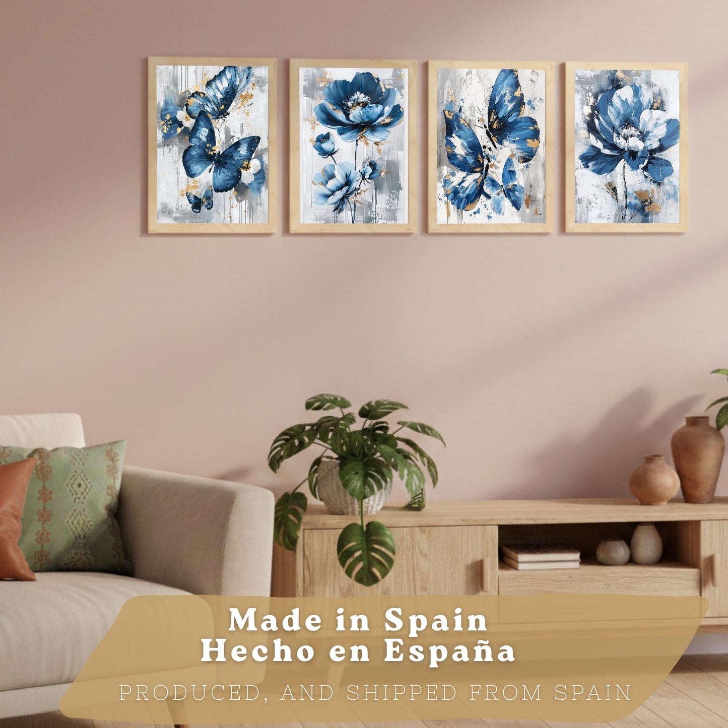 Set de 4 laminas decorativas Flores azules y mariposas  Cuadros Salon modernos - Posters decorativos Azul Decoración Dormitorios.