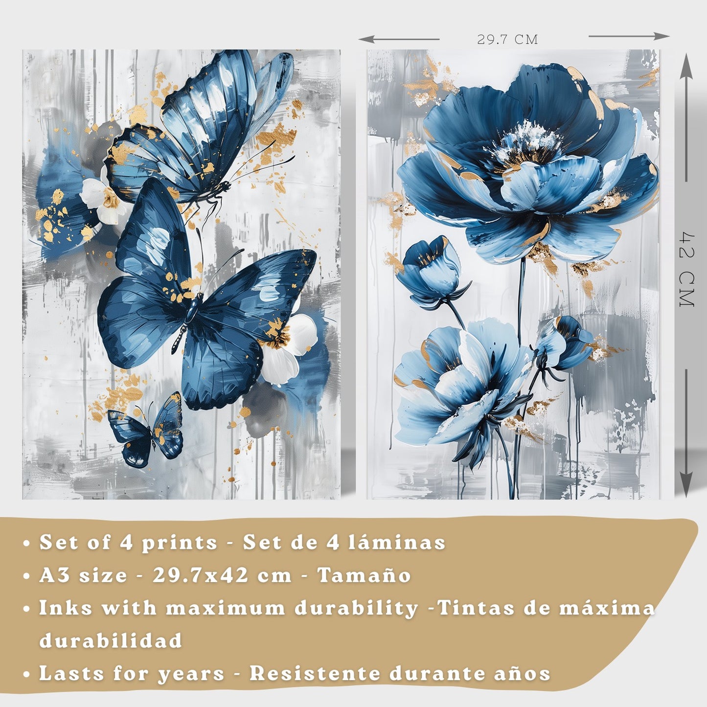 Set de 4 laminas decorativas Flores azules y mariposas  Cuadros Salon modernos - Posters decorativos Azul Decoración Dormitorios.