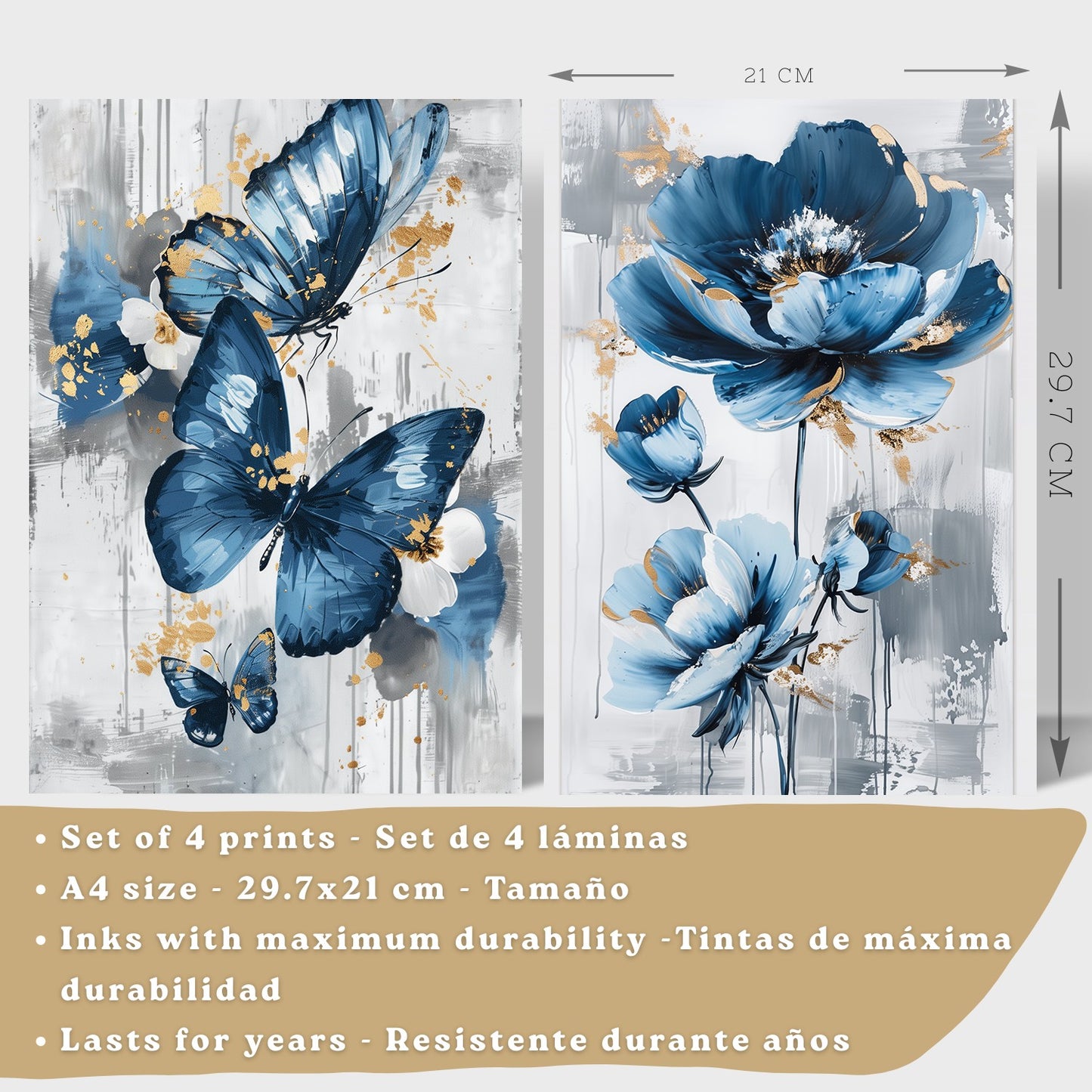 Set de 4 laminas decorativas Flores azules y mariposas  Cuadros Salon modernos - Posters decorativos Azul Decoración Dormitorios.