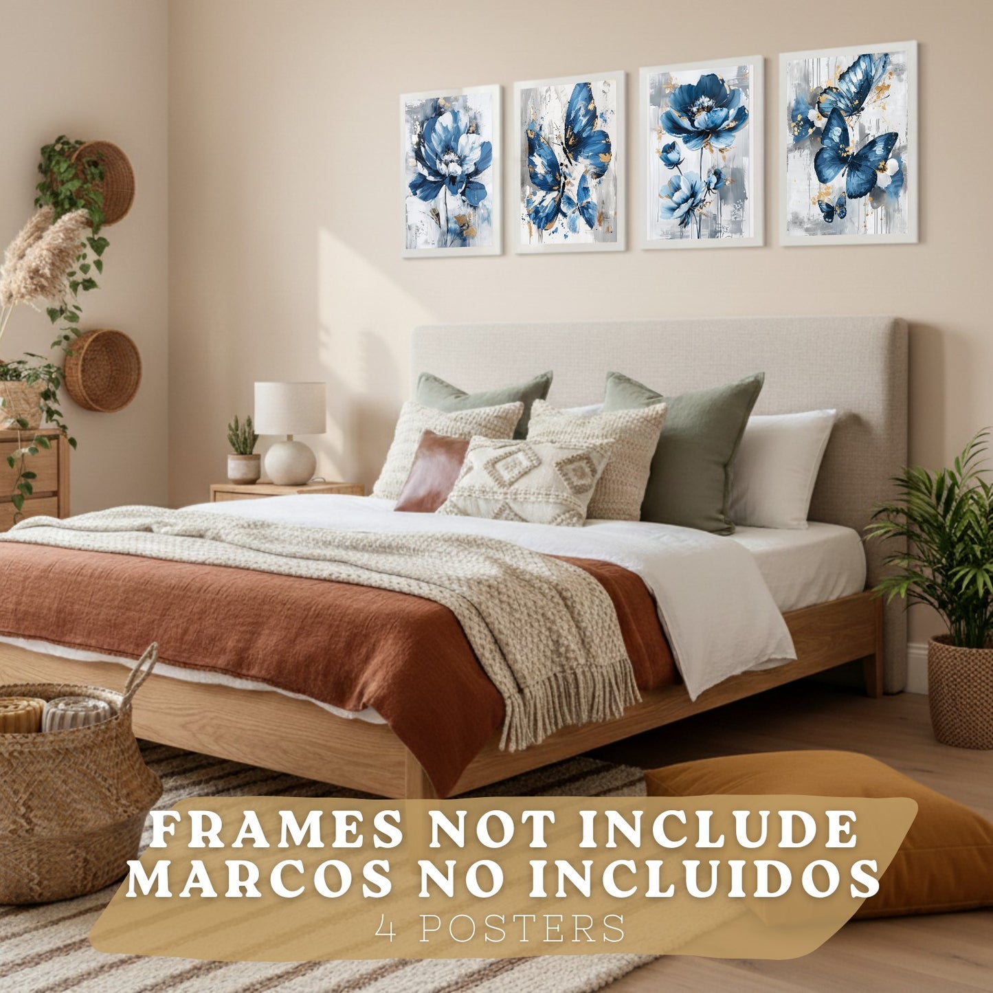 Set de 4 laminas decorativas Flores azules y mariposas  Cuadros Salon modernos - Posters decorativos Azul Decoración Dormitorios.