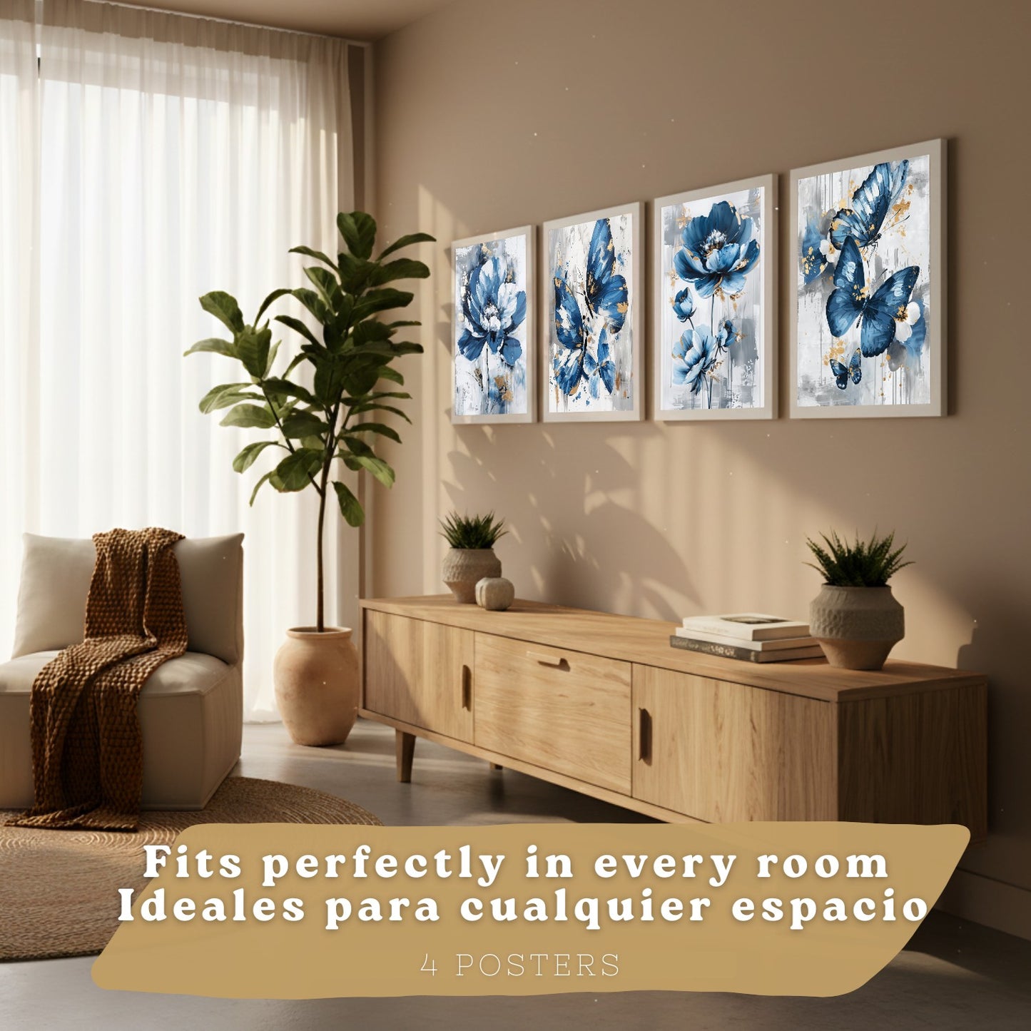 Set de 4 laminas decorativas Flores azules y mariposas  Cuadros Salon modernos - Posters decorativos Azul Decoración Dormitorios.