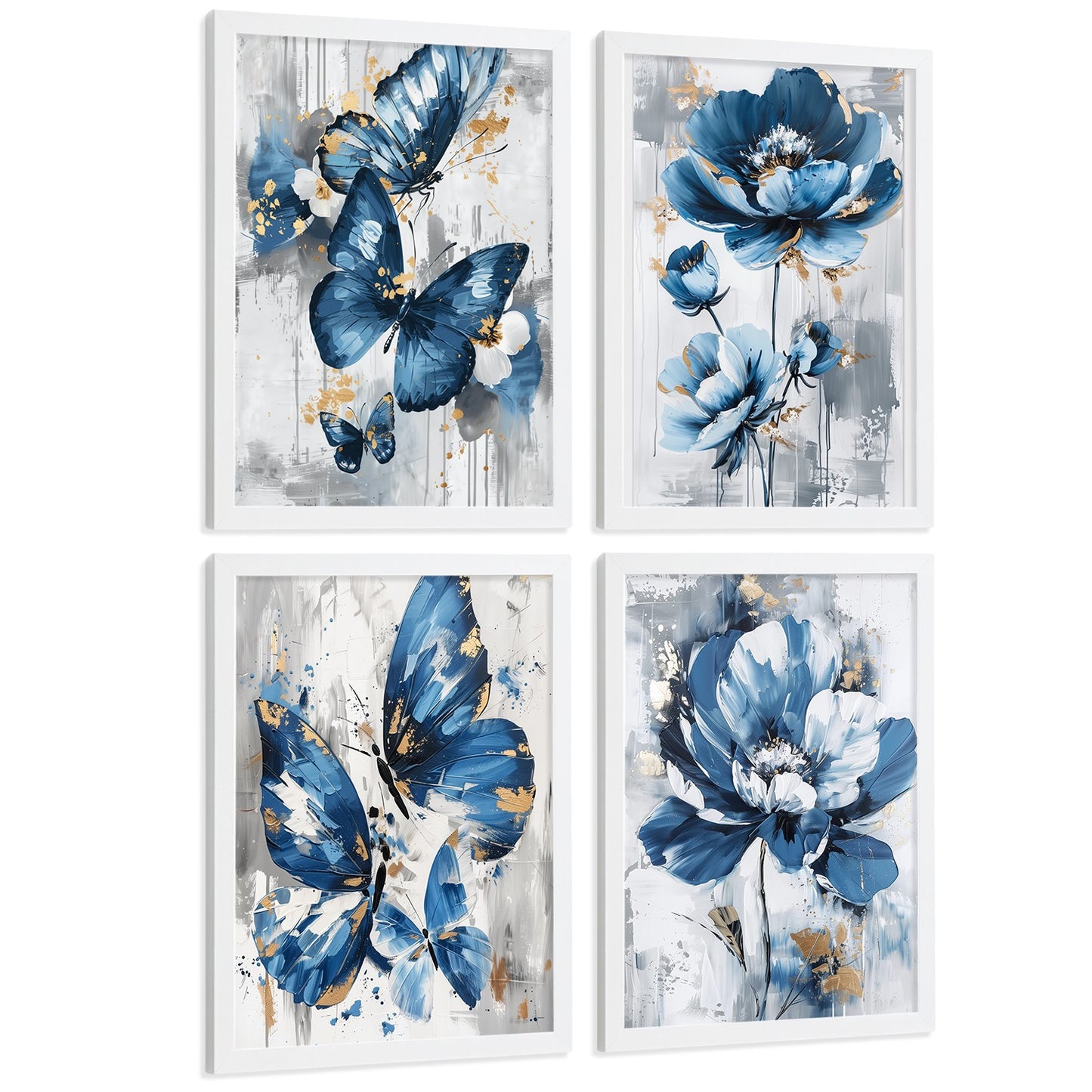 Set de 4 laminas decorativas Flores azules y mariposas  Cuadros Salon modernos - Posters decorativos Azul Decoración Dormitorios.