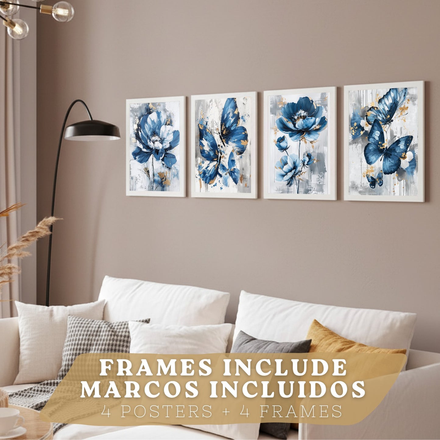 Set de 4 laminas decorativas Flores azules y mariposas  Cuadros Salon modernos - Posters decorativos Azul Decoración Dormitorios.