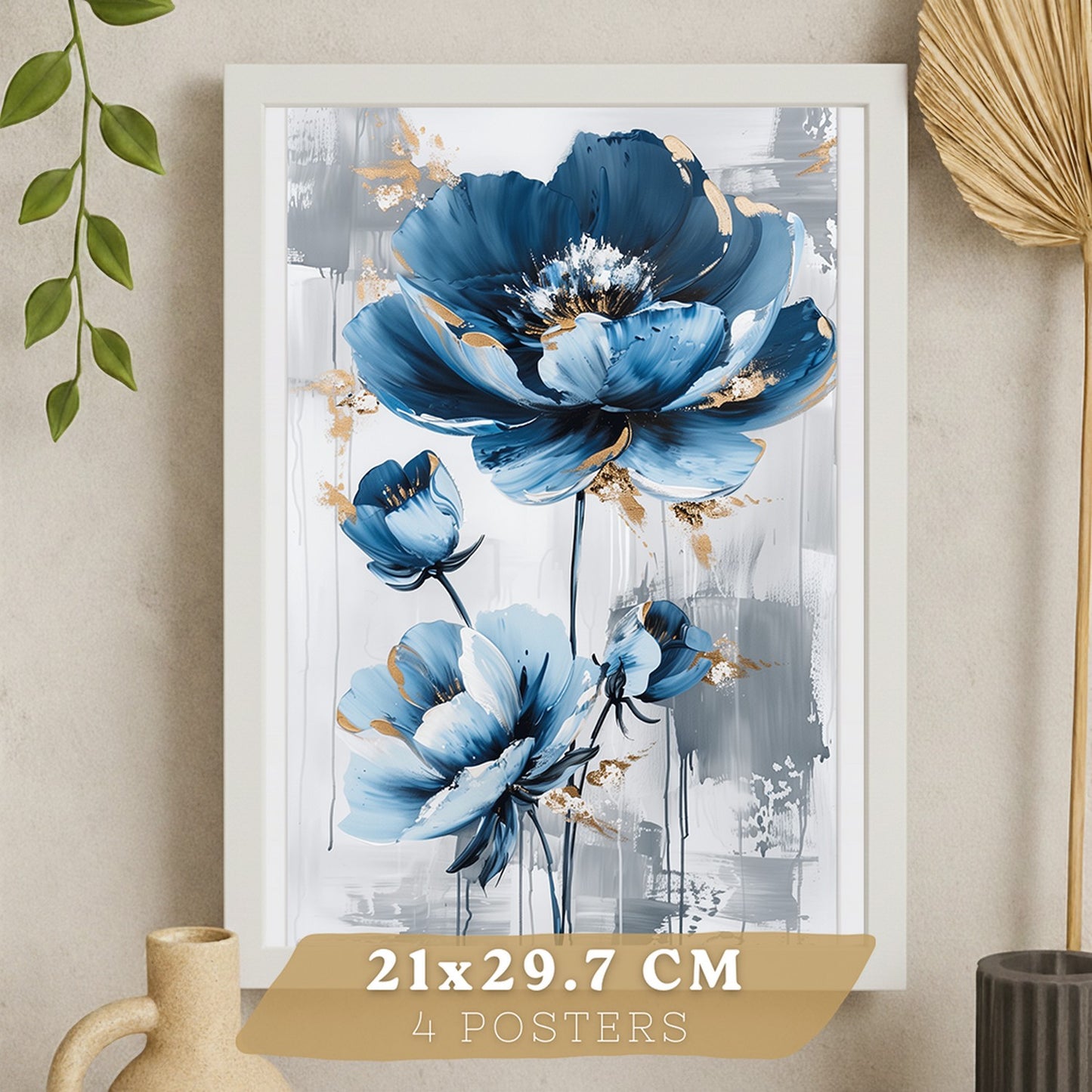 Set de 4 laminas decorativas Flores azules y mariposas  Cuadros Salon modernos - Posters decorativos Azul Decoración Dormitorios.