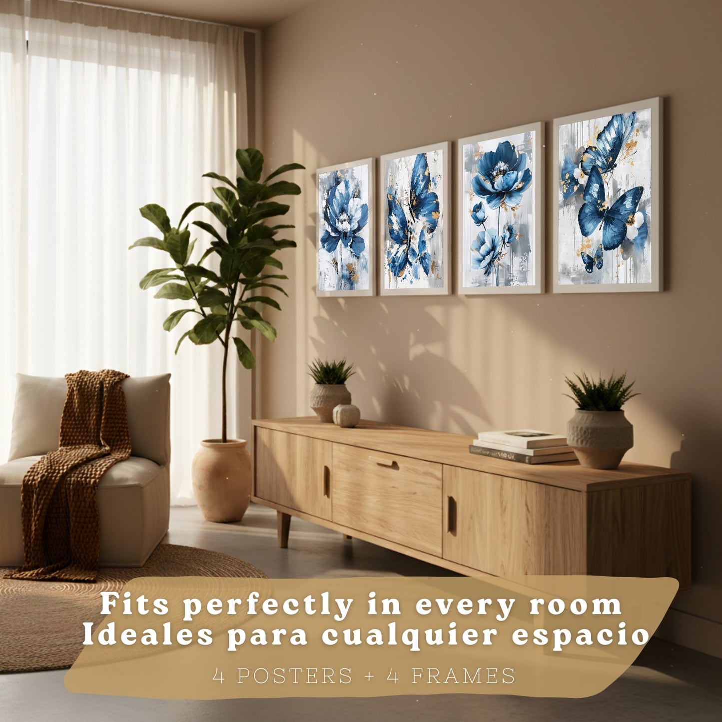 Set de 4 laminas decorativas Flores azules y mariposas  Cuadros Salon modernos - Posters decorativos Azul Decoración Dormitorios.