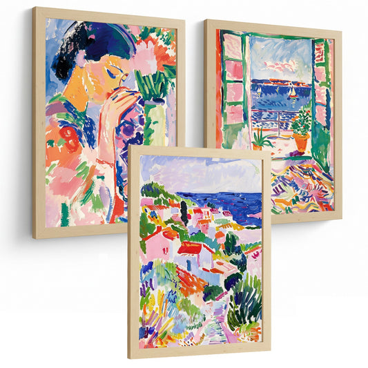 Set de 3 laminas decorativas pared estilo colorido. Cuadros Salon modernos - Posters decorativos azules. Maritimo. Decoración Dormitorios.