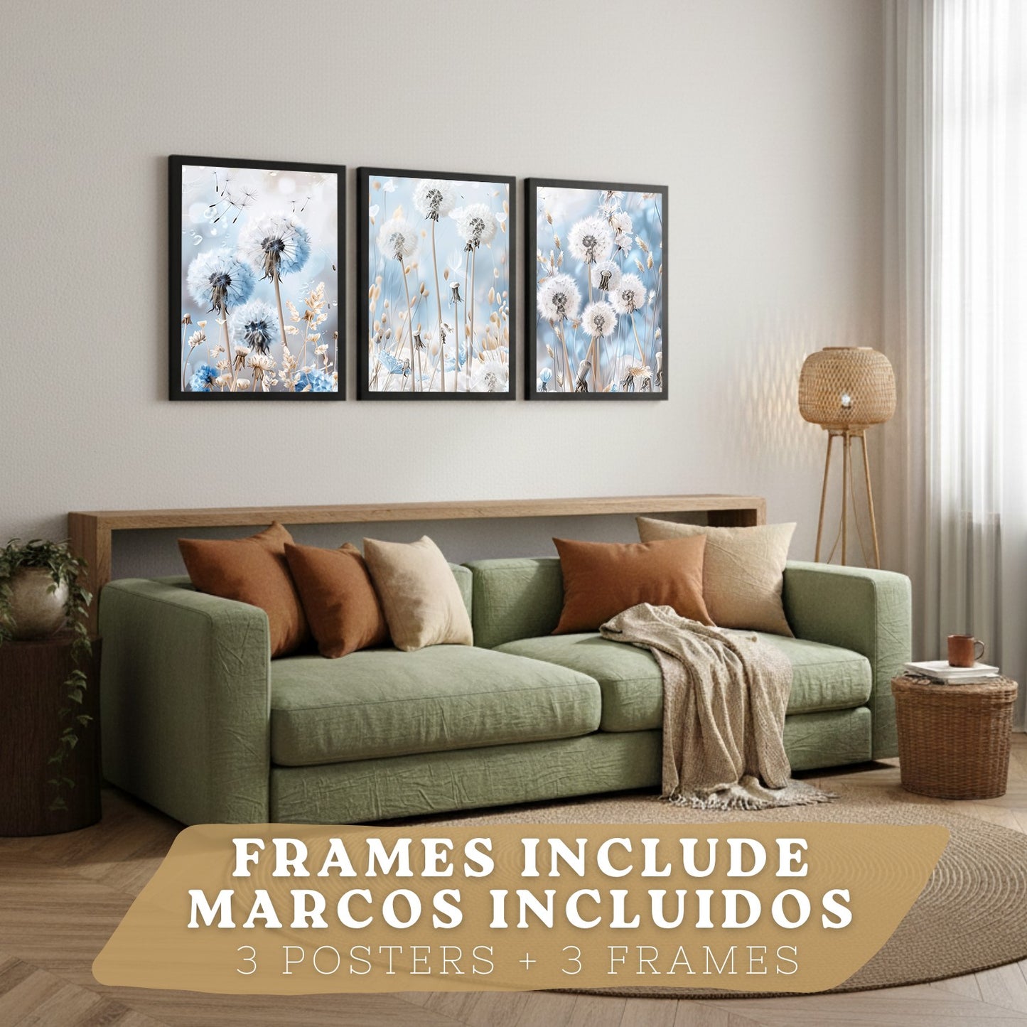 Set de 3 laminas decorativas Floral azul  Cuadros Salon modernos - Posters decorativos Azules Decoración Dormitorios.