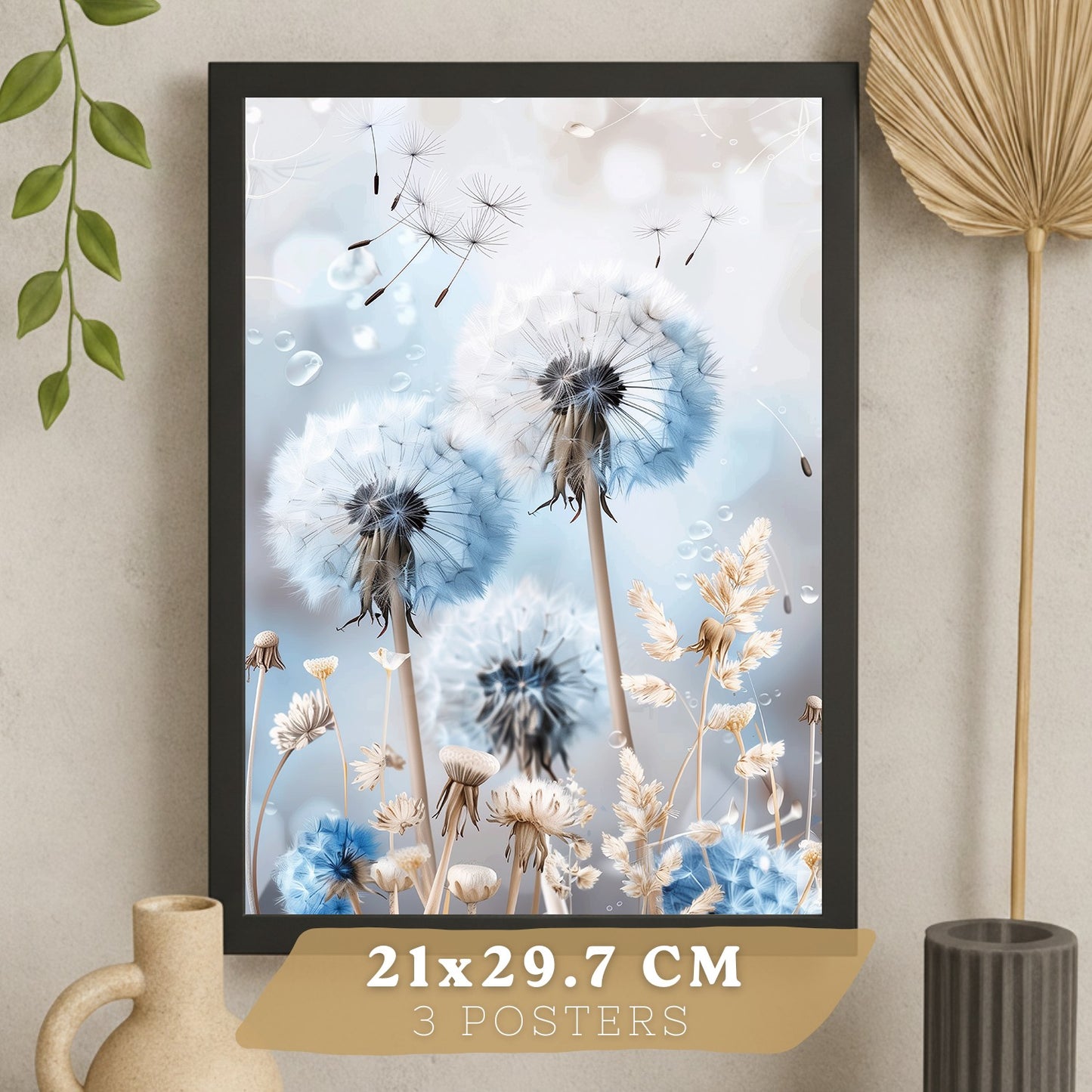 Set de 3 laminas decorativas Floral azul  Cuadros Salon modernos - Posters decorativos Azules Decoración Dormitorios.