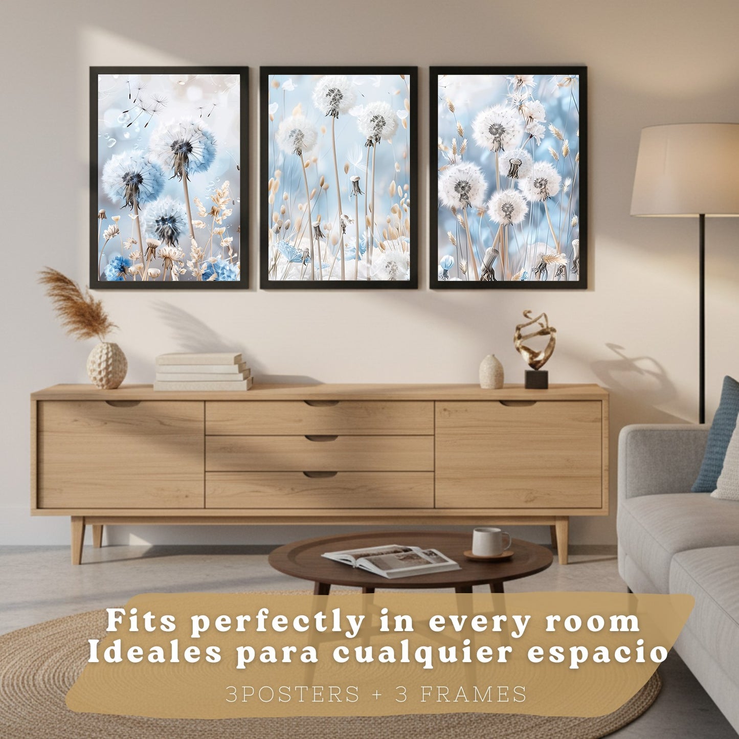 Set de 3 laminas decorativas Floral azul  Cuadros Salon modernos - Posters decorativos Azules Decoración Dormitorios.