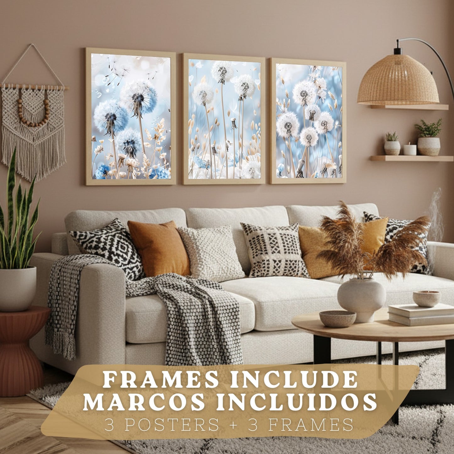 Set de 3 laminas decorativas Floral azul  Cuadros Salon modernos - Posters decorativos Azules Decoración Dormitorios.