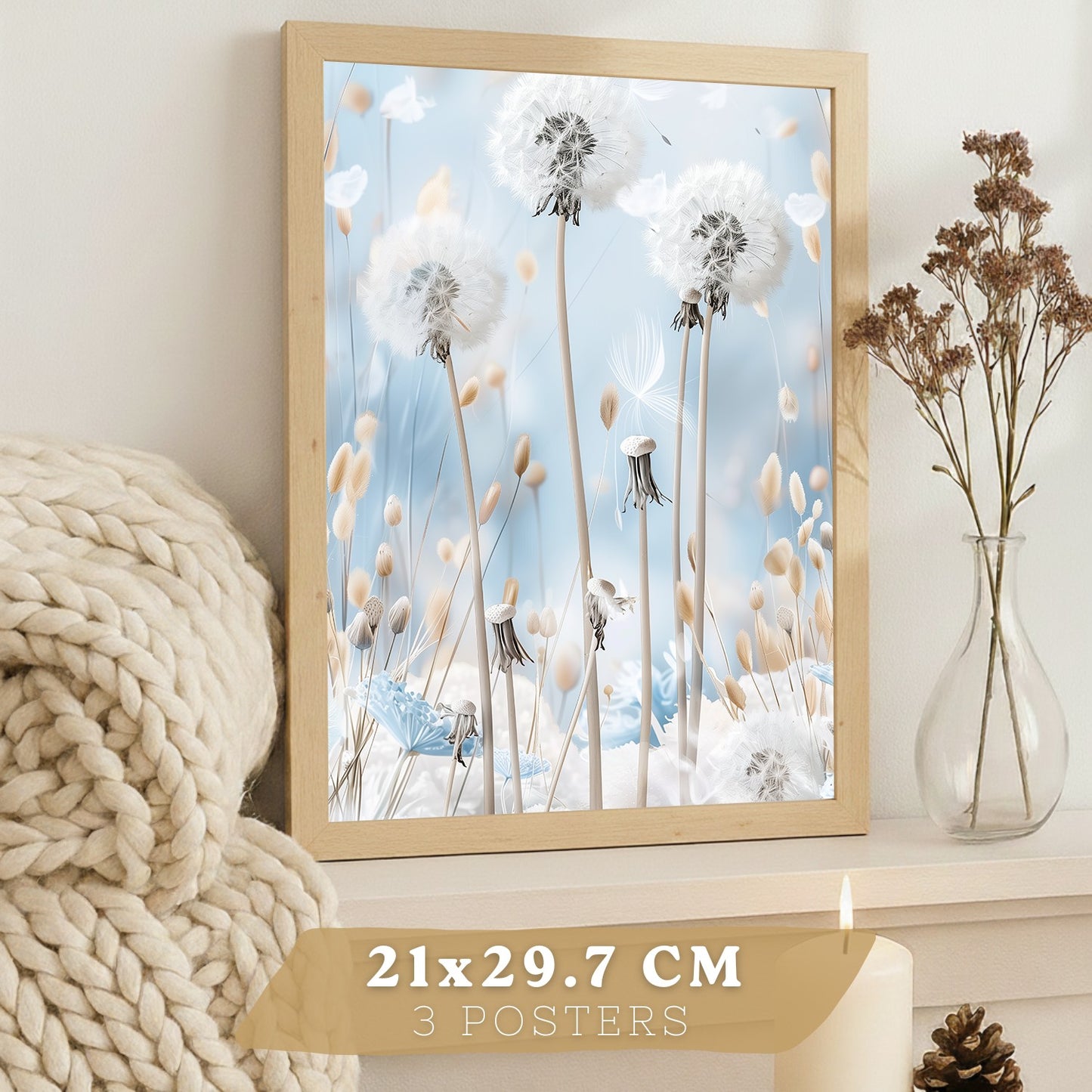 Set de 3 laminas decorativas Floral azul  Cuadros Salon modernos - Posters decorativos Azules Decoración Dormitorios.