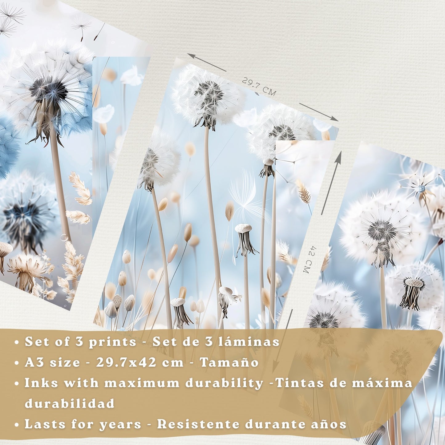 Set de 3 laminas decorativas Floral azul  Cuadros Salon modernos - Posters decorativos Azules Decoración Dormitorios.
