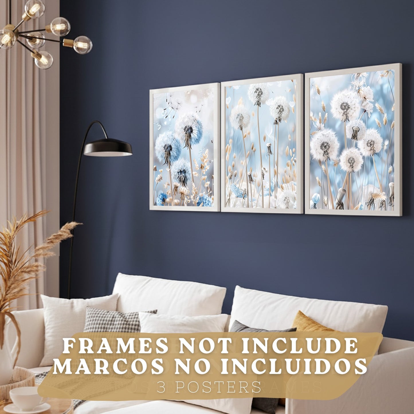 Set de 3 laminas decorativas Floral azul  Cuadros Salon modernos - Posters decorativos Azules Decoración Dormitorios.
