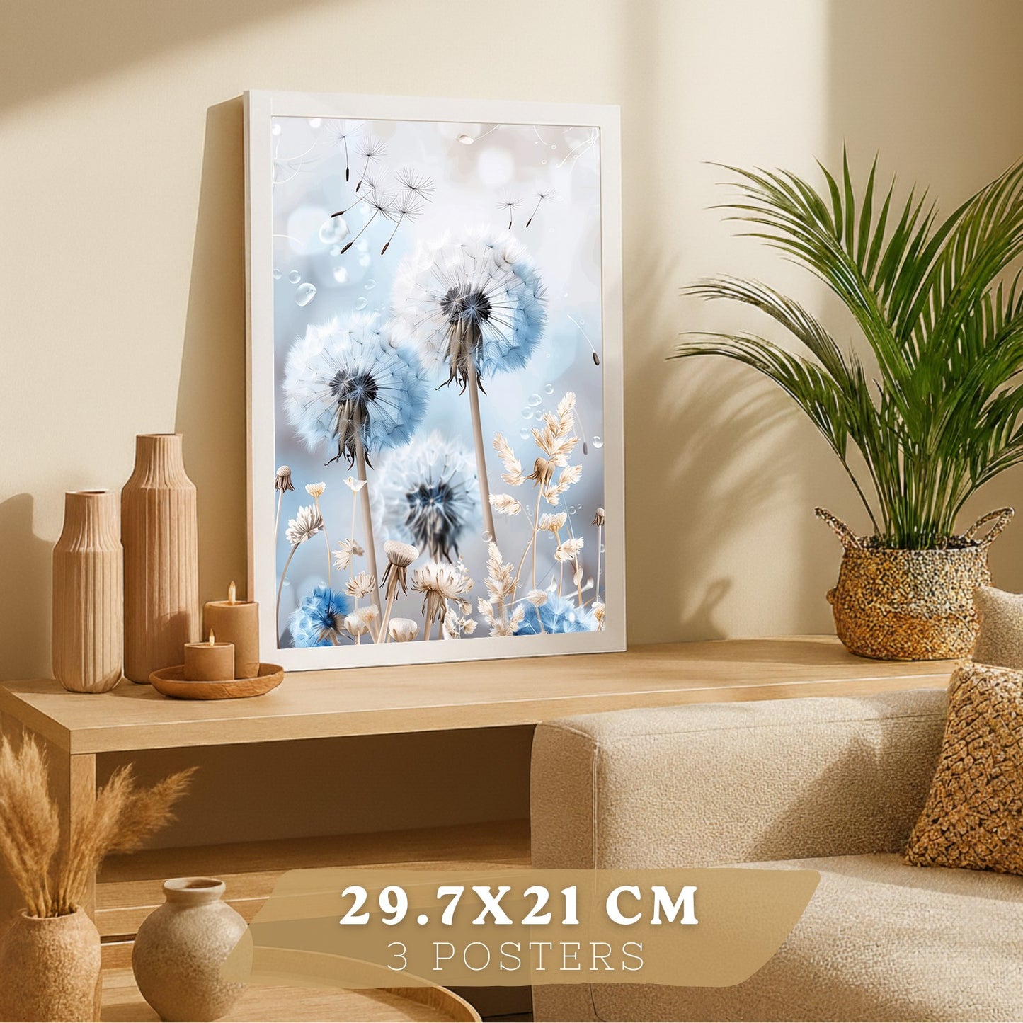 Set de 3 laminas decorativas Floral azul  Cuadros Salon modernos - Posters decorativos Azules Decoración Dormitorios.