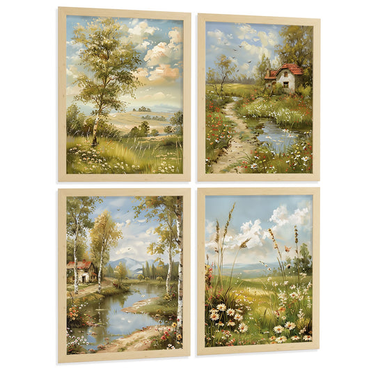Juego de 4 laminas decorativas pared estilo Impresionista romantico. Cuadros Salon modernos - Posters decorativos Paisaje vintage. Rural. Decoración Dormitorios.