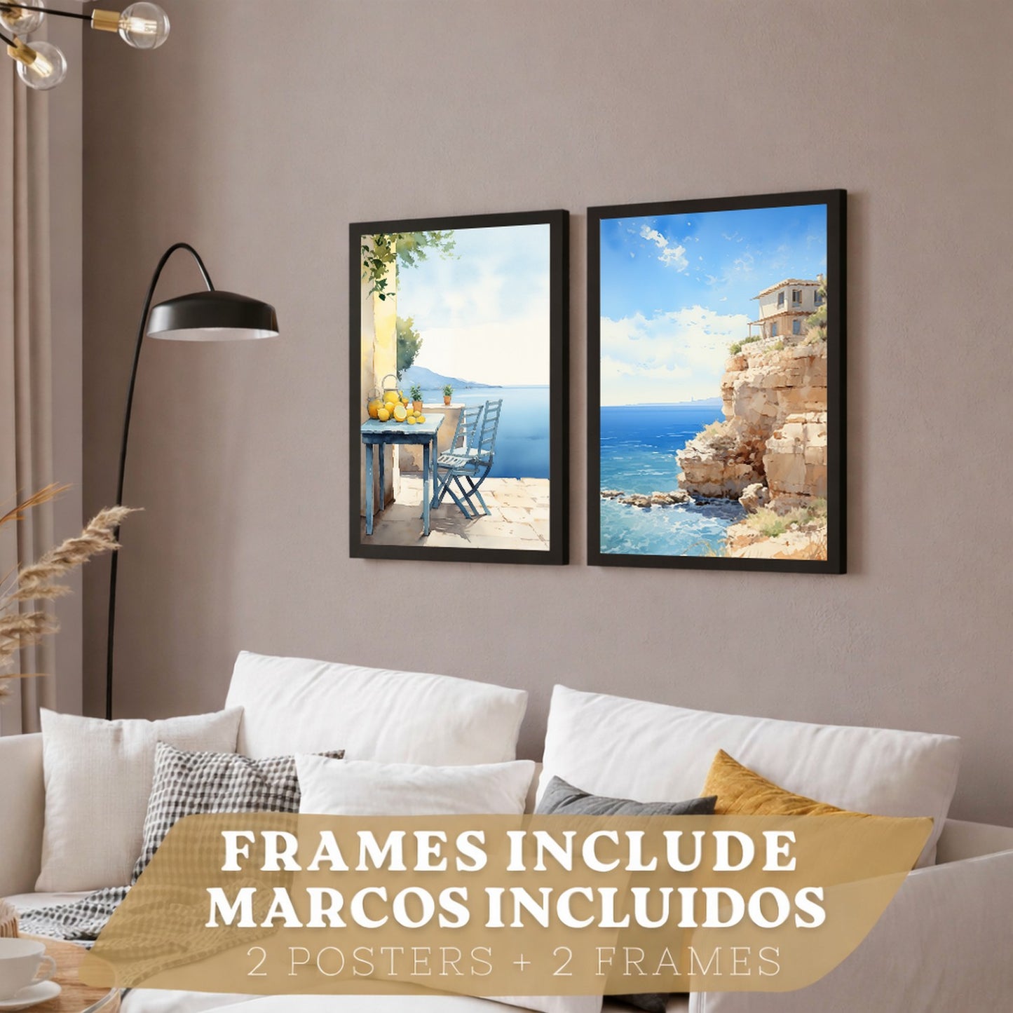 Set de 2 laminas decorativas pared Playa, relax Salon modernos - Posters, cuadros decorativos azules. Mediterraneo. Decoración Dormitorios.