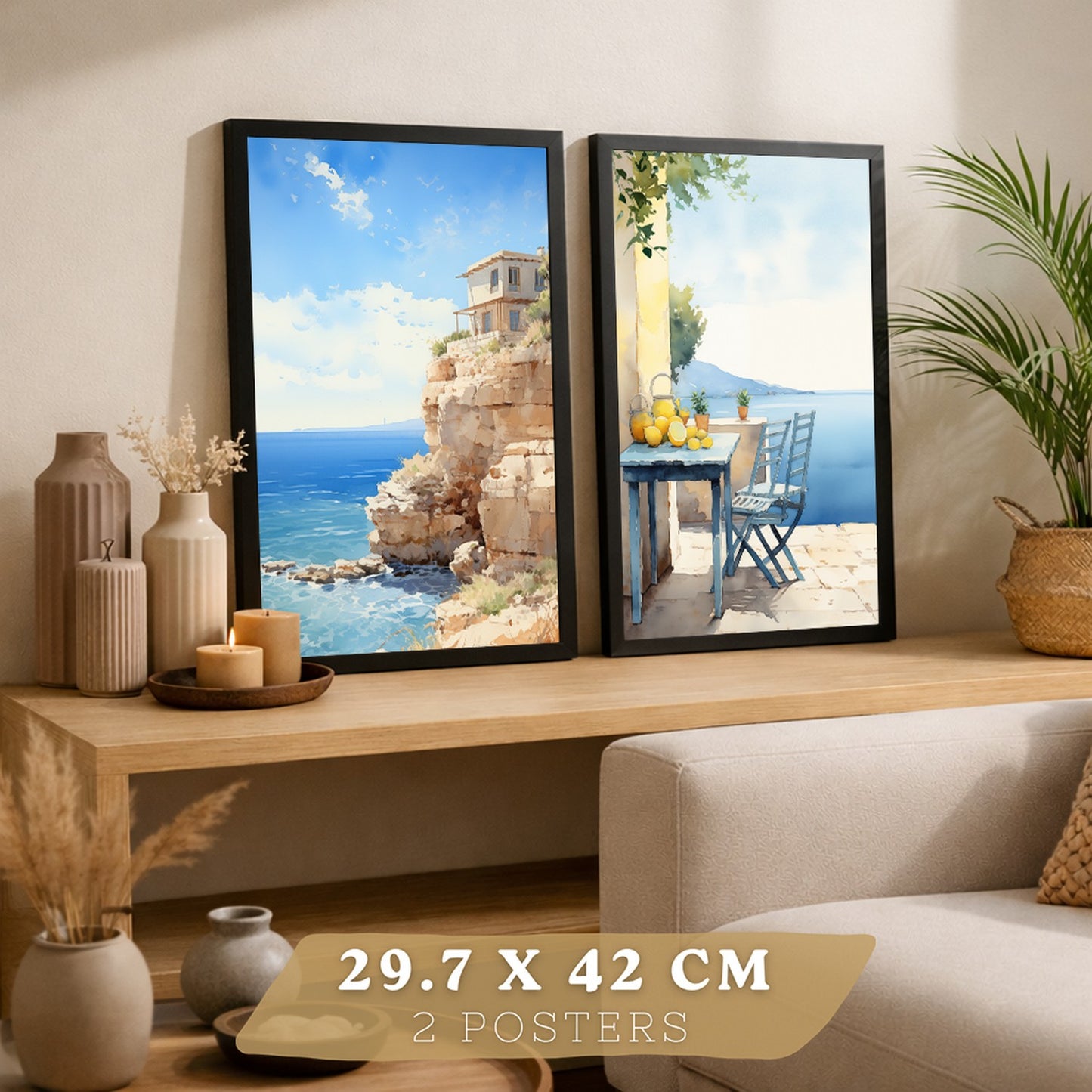 Set de 2 laminas decorativas pared Playa, relax Salon modernos - Posters, cuadros decorativos azules. Mediterraneo. Decoración Dormitorios.