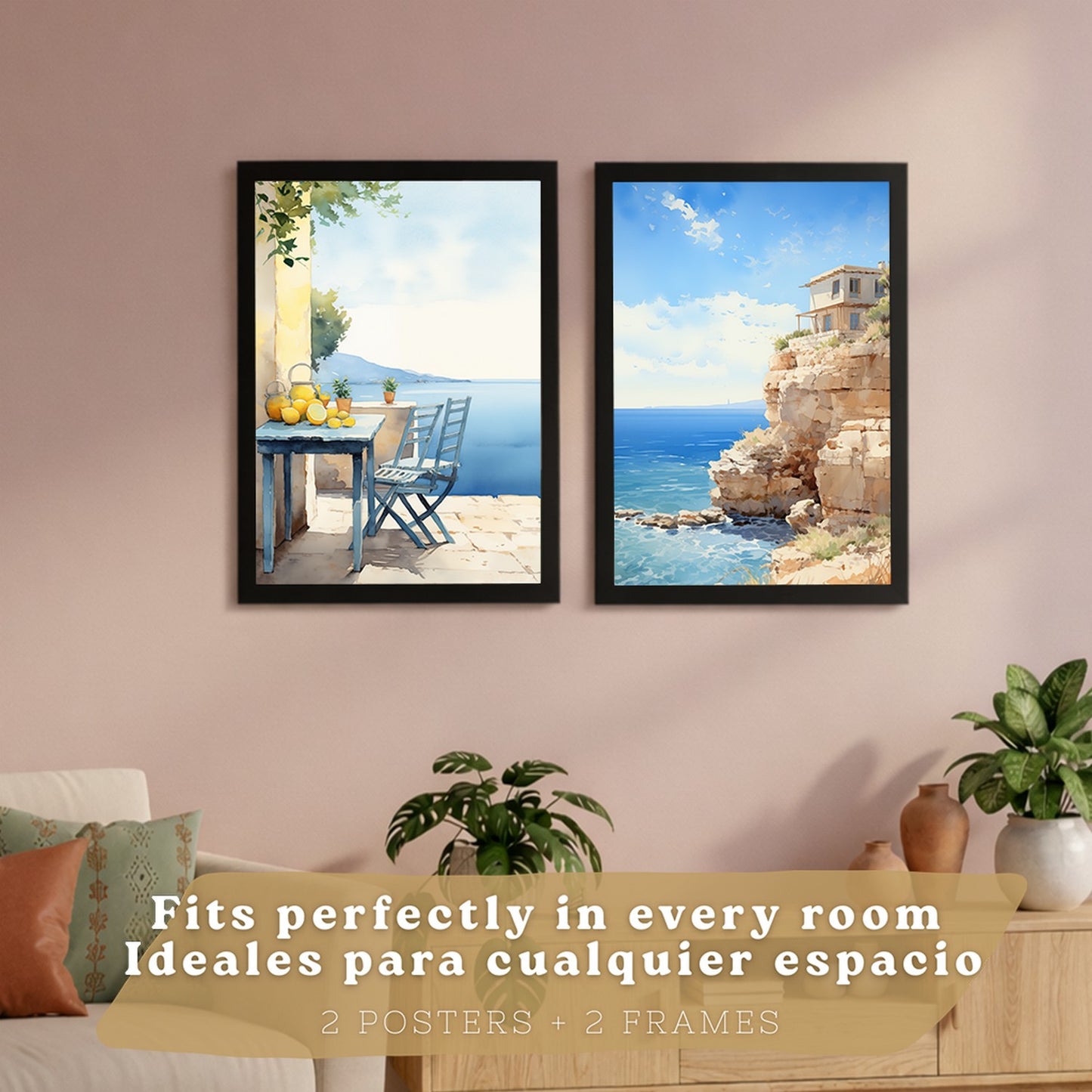 Set de 2 laminas decorativas pared Playa, relax Salon modernos - Posters, cuadros decorativos azules. Mediterraneo. Decoración Dormitorios.