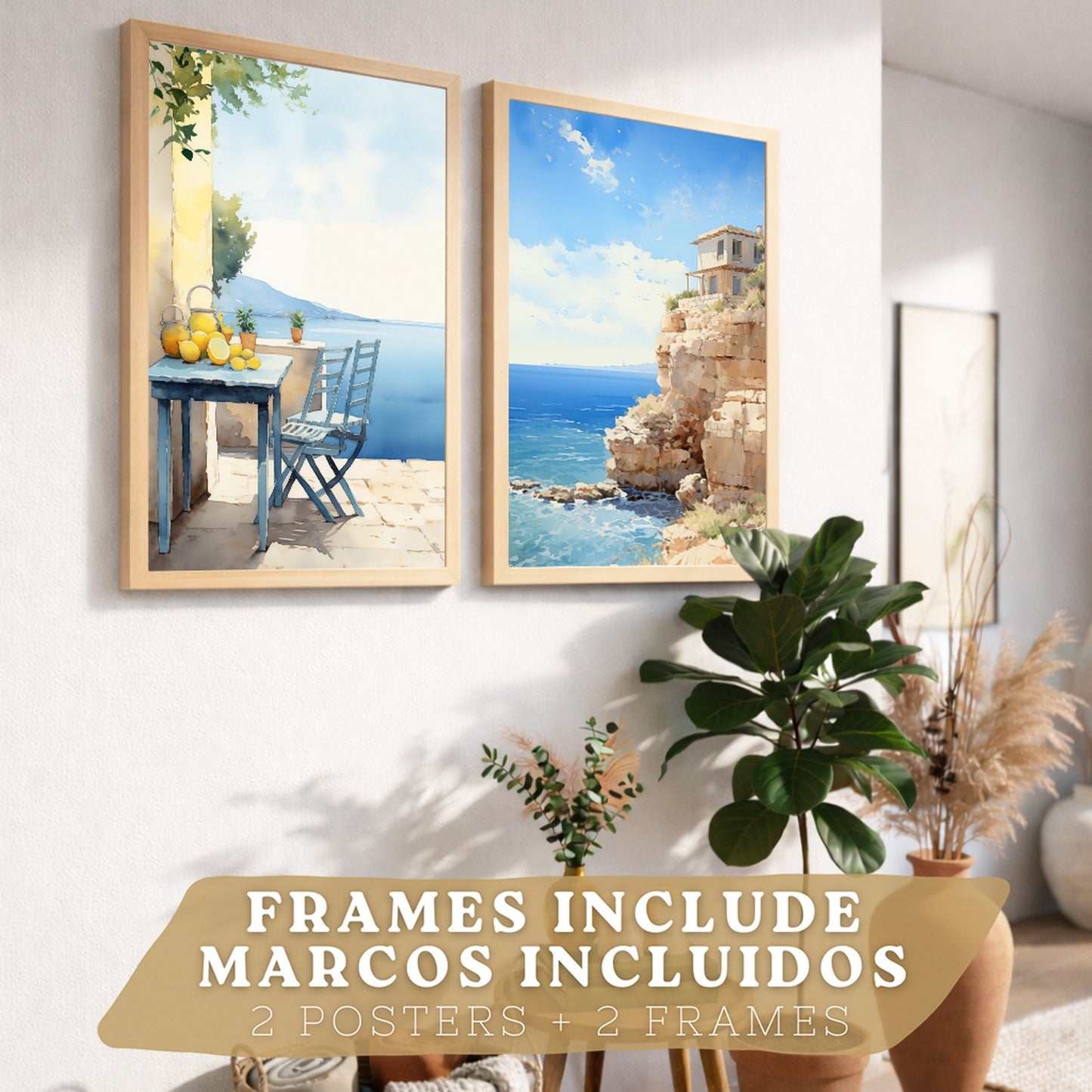 Set de 2 laminas decorativas pared Playa, relax Salon modernos - Posters, cuadros decorativos azules. Mediterraneo. Decoración Dormitorios.