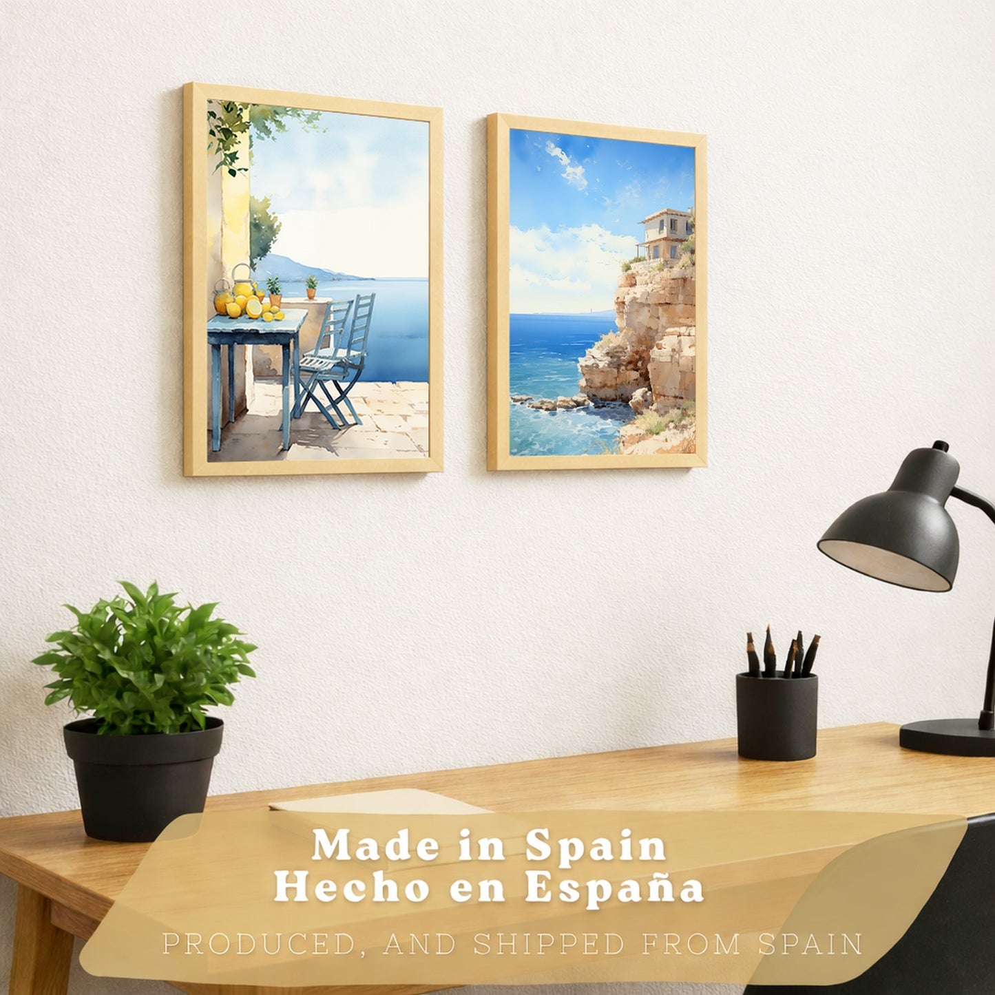 Set de 2 laminas decorativas pared Playa, relax Salon modernos - Posters, cuadros decorativos azules. Mediterraneo. Decoración Dormitorios.