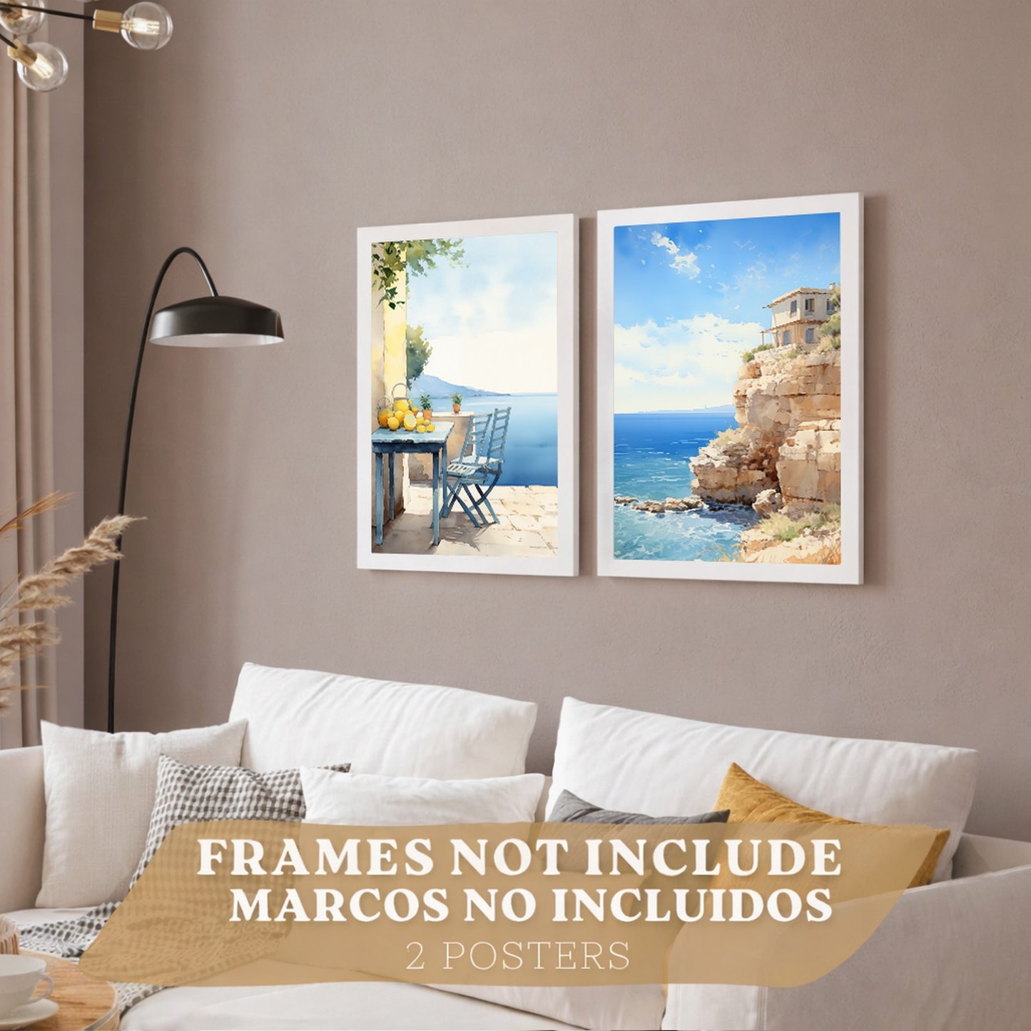 Set de 2 laminas decorativas pared Playa, relax Salon modernos - Posters, cuadros decorativos azules. Mediterraneo. Decoración Dormitorios.