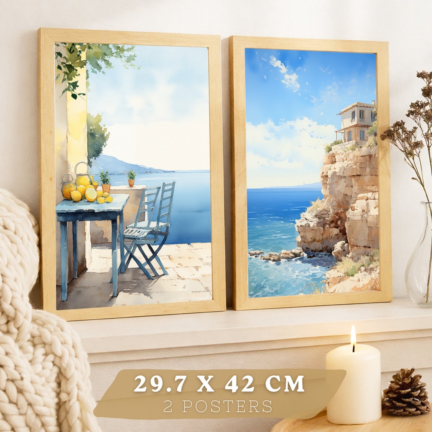 Set de 2 laminas decorativas pared Playa, relax Salon modernos - Posters, cuadros decorativos azules. Mediterraneo. Decoración Dormitorios.