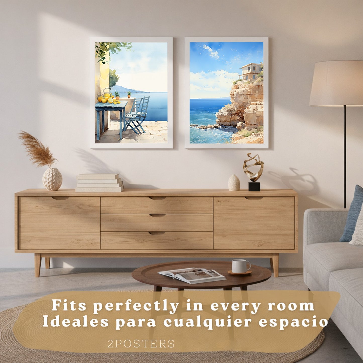 Set de 2 laminas decorativas pared Playa, relax Salon modernos - Posters, cuadros decorativos azules. Mediterraneo. Decoración Dormitorios.