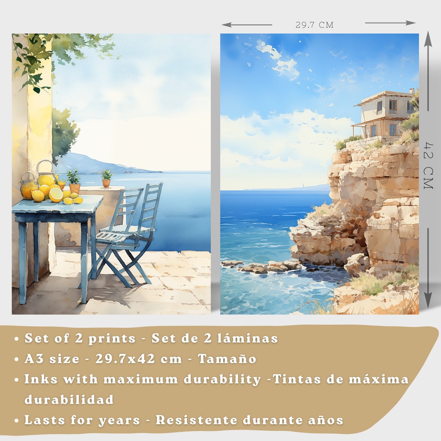 Set de 2 laminas decorativas pared Playa, relax Salon modernos - Posters, cuadros decorativos azules. Mediterraneo. Decoración Dormitorios.