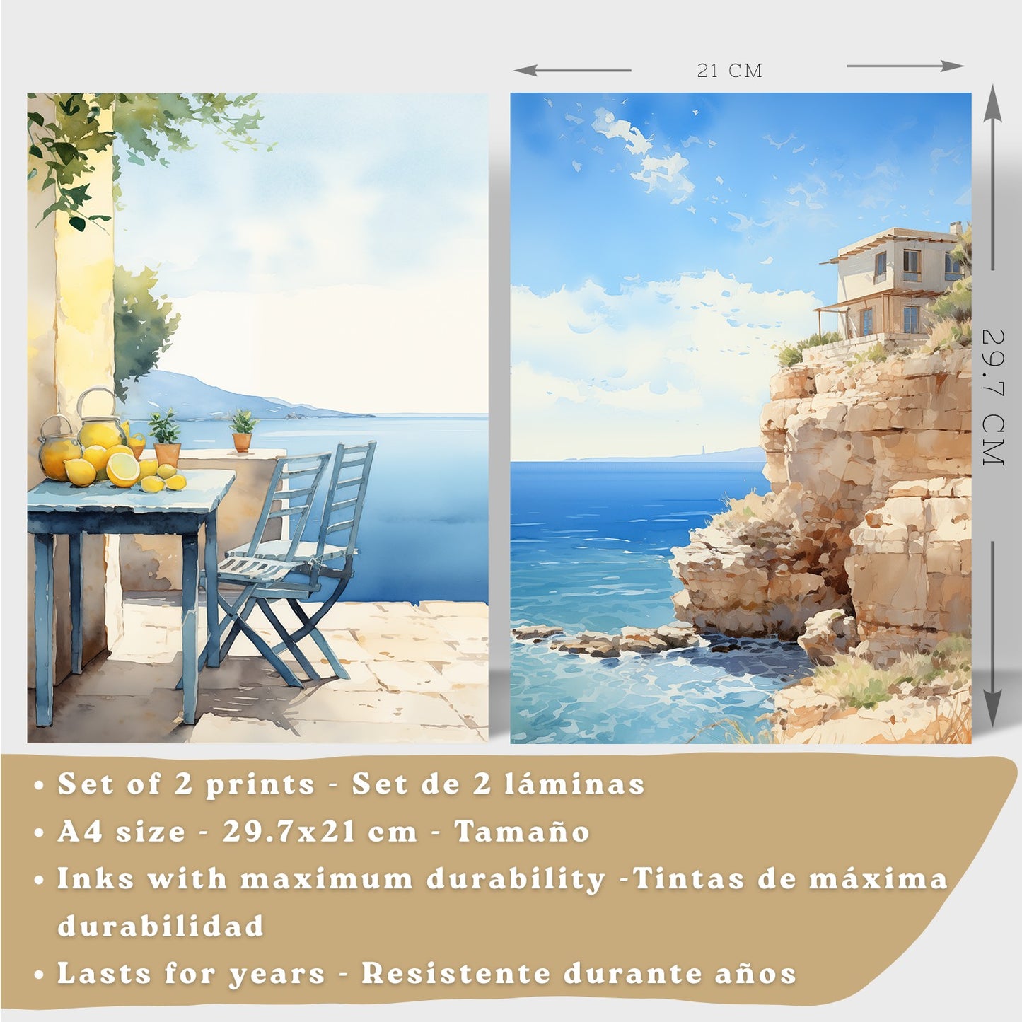 Set de 2 laminas decorativas pared Playa, relax Salon modernos - Posters, cuadros decorativos azules. Mediterraneo. Decoración Dormitorios.