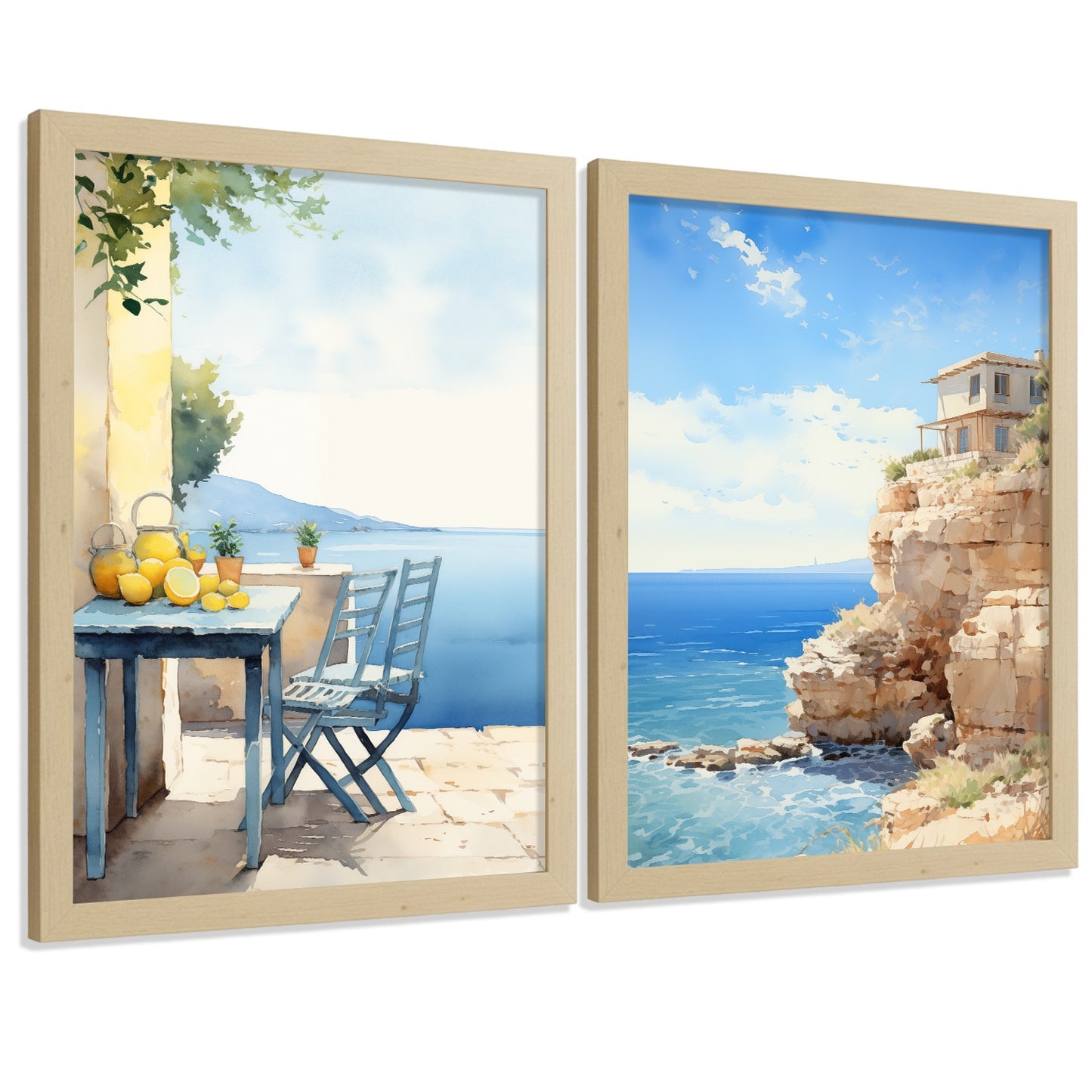 Set de 2 laminas decorativas pared Playa, relax Salon modernos - Posters, cuadros decorativos azules. Mediterraneo. Decoración Dormitorios.