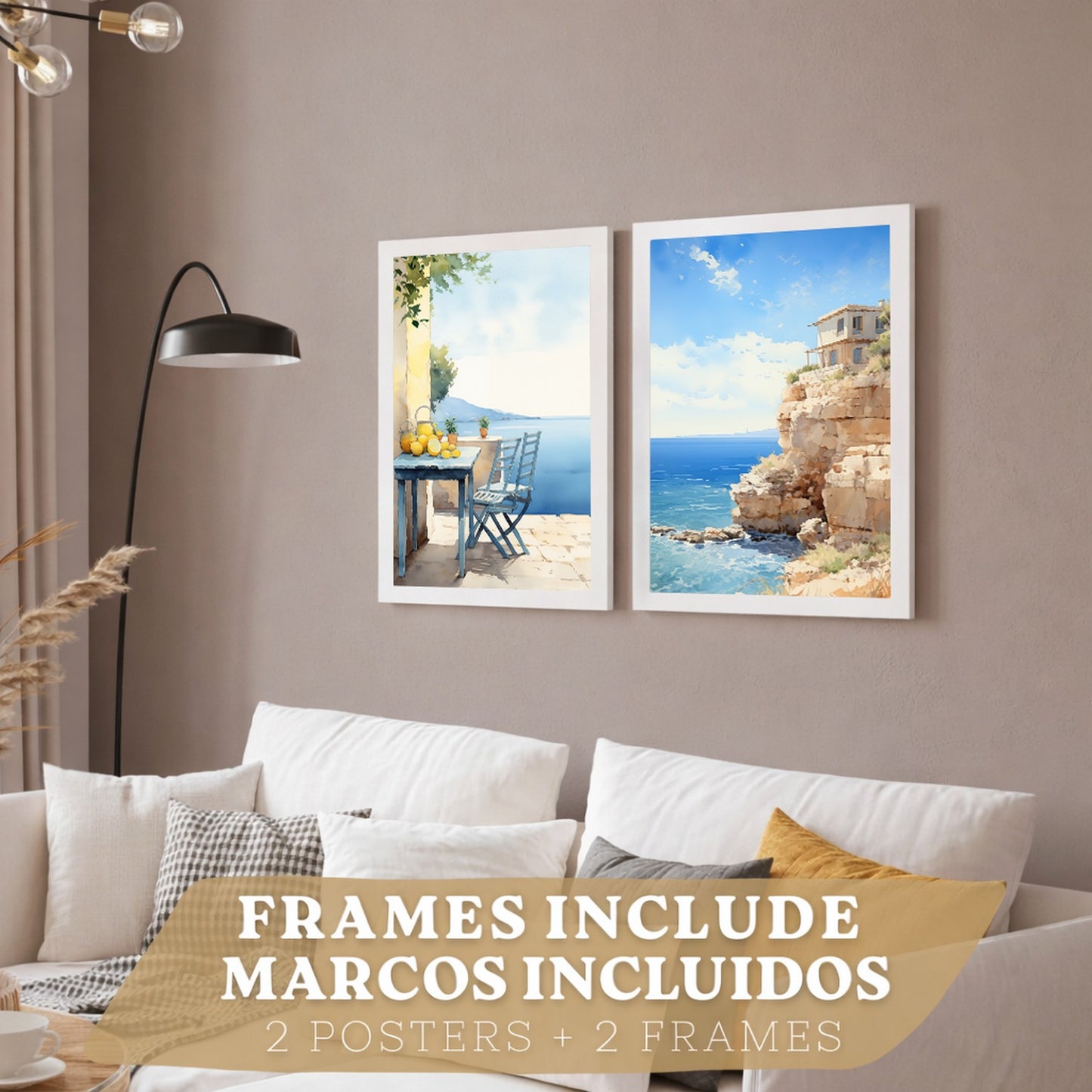 Set de 2 laminas decorativas pared Playa, relax Salon modernos - Posters, cuadros decorativos azules. Mediterraneo. Decoración Dormitorios.