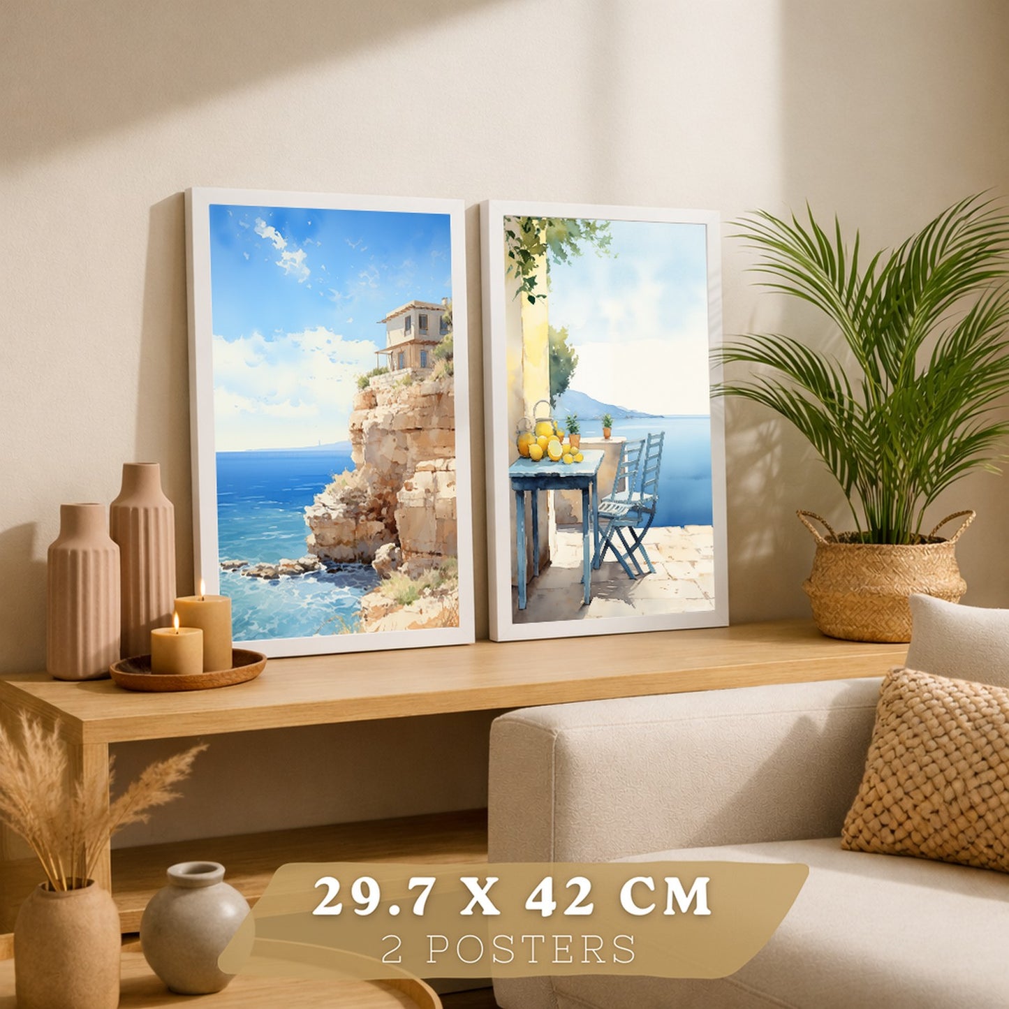 Set de 2 laminas decorativas pared Playa, relax Salon modernos - Posters, cuadros decorativos azules. Mediterraneo. Decoración Dormitorios.